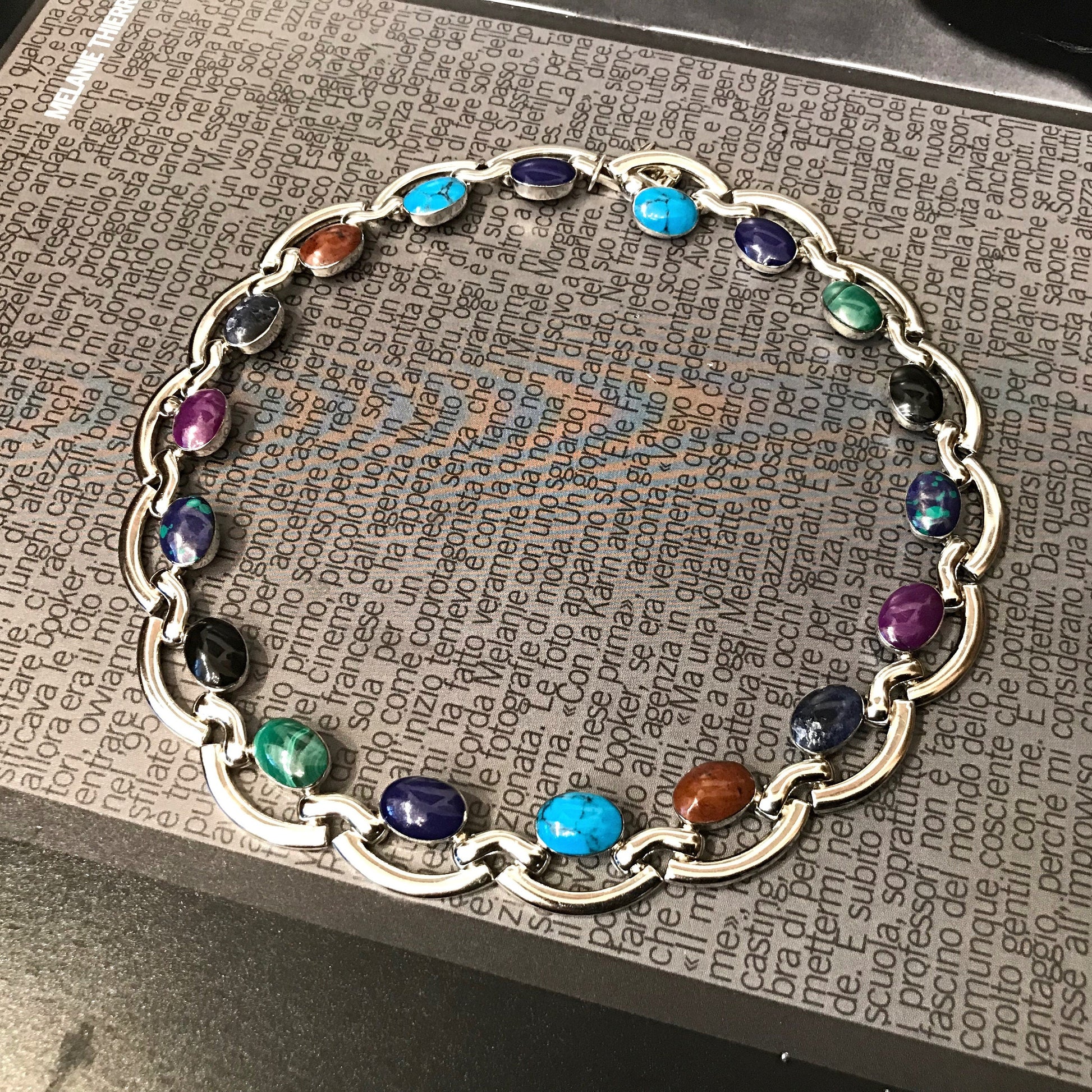 Sterling silver Multi Gemstone Turquoise Onyx Malachite  Modernist necklace collar Colors Of Etnika