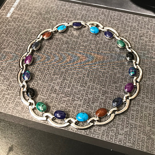 Sterling silver Multi Gemstone Turquoise Onyx Malachite  Modernist necklace collar