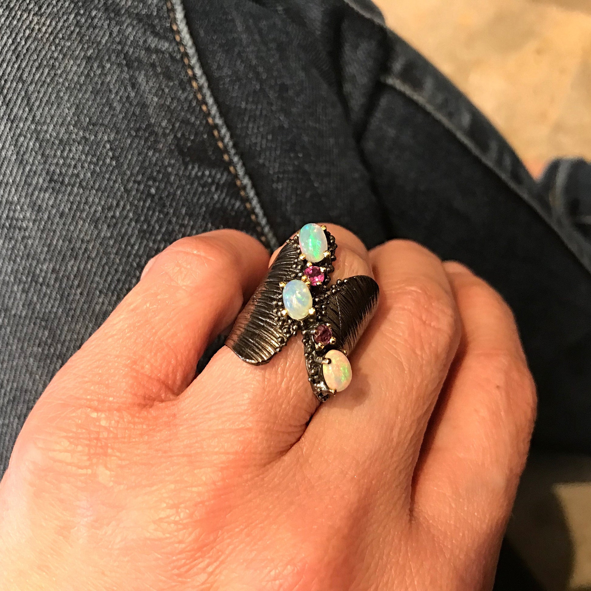Sterling silver natural opal and amethyst Modernist Ring Artisan 6 Colors Of Etnika