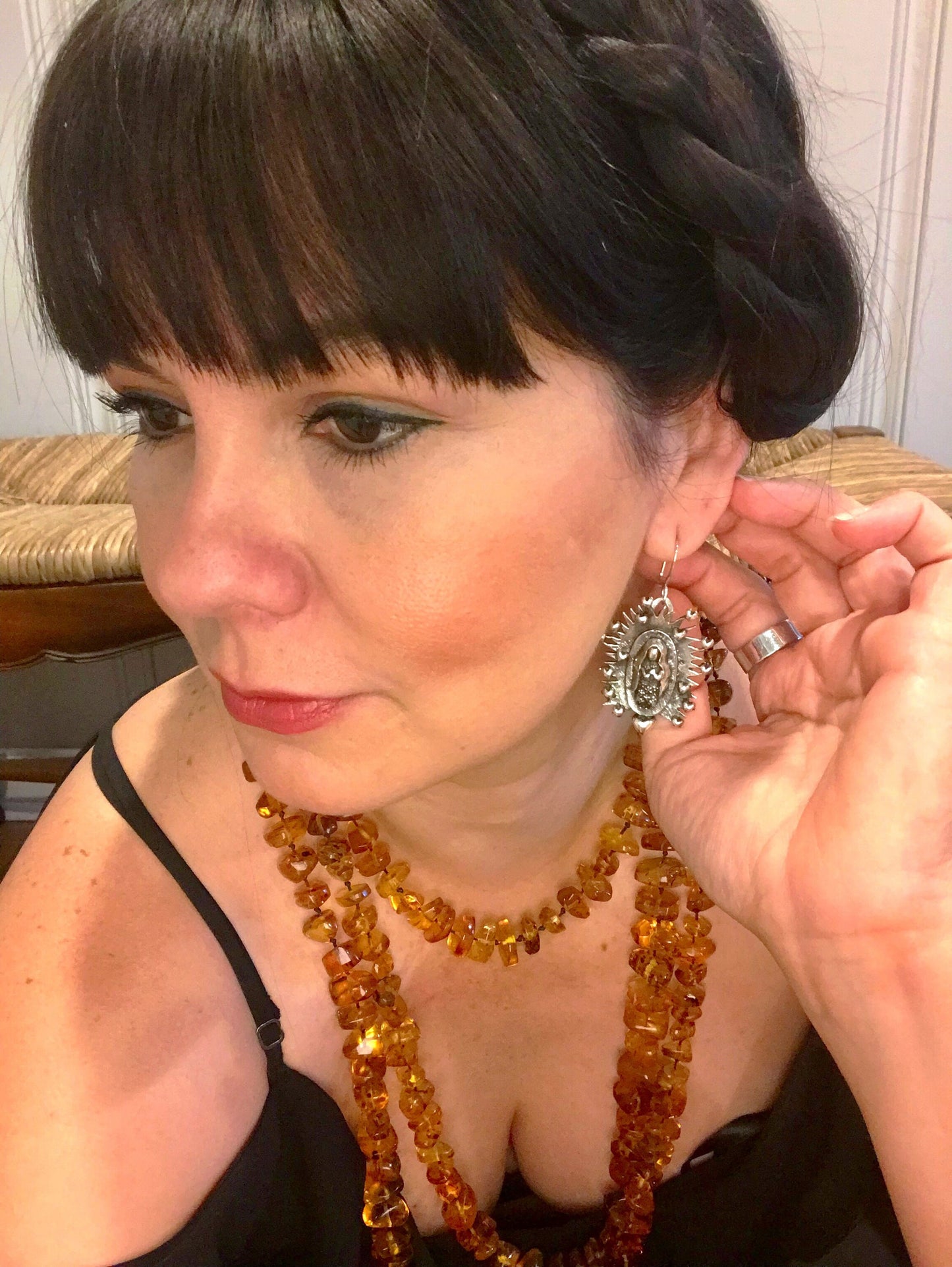 Handmade Sterling Silver Madonna virgen Mary Guadalupe dangle  earrings