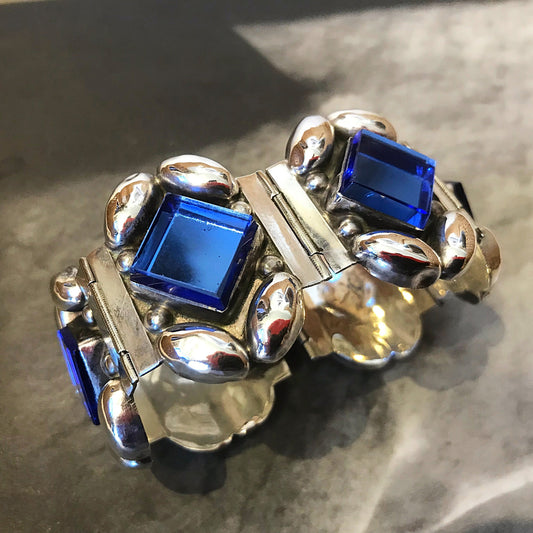 Handmade Sterling Silver Vintage Blue Glass bracelet statement Artisan