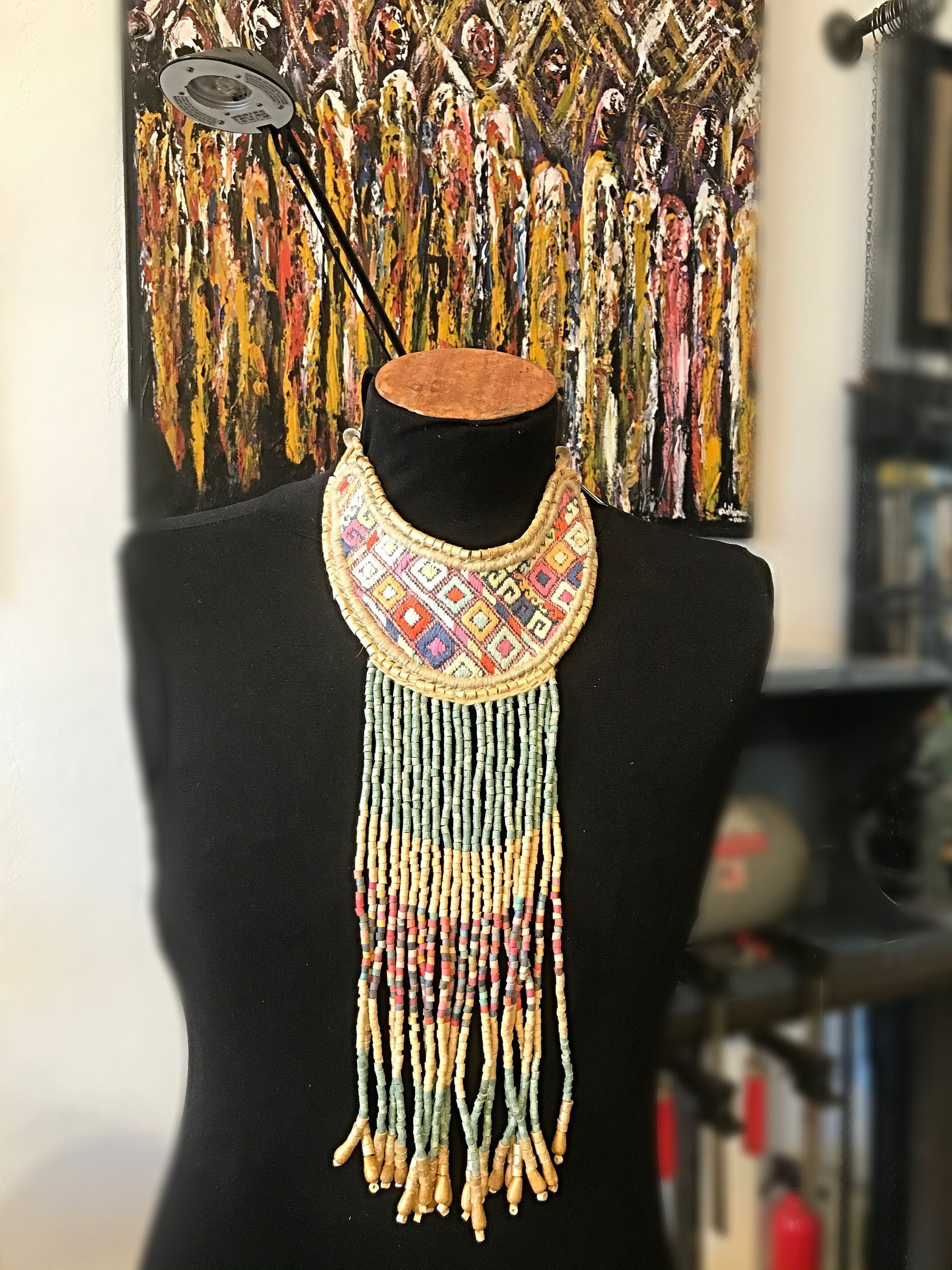 Guipil Textile Runway Statement Green Artisan Studio Long Ethnic Necklace Colors Of Etnika