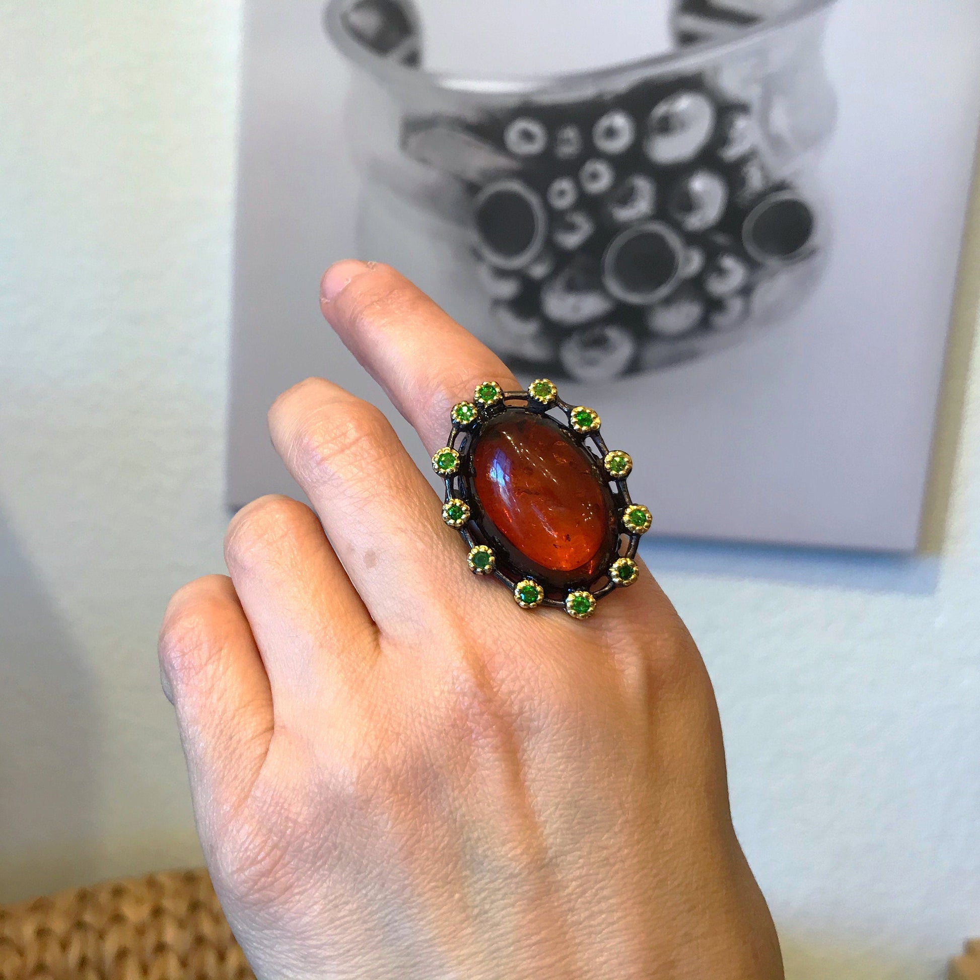 Handmade sterling silver Abstract Huge Natural Amber Rhodolite statement Ring 8.5 Colors Of Etnika