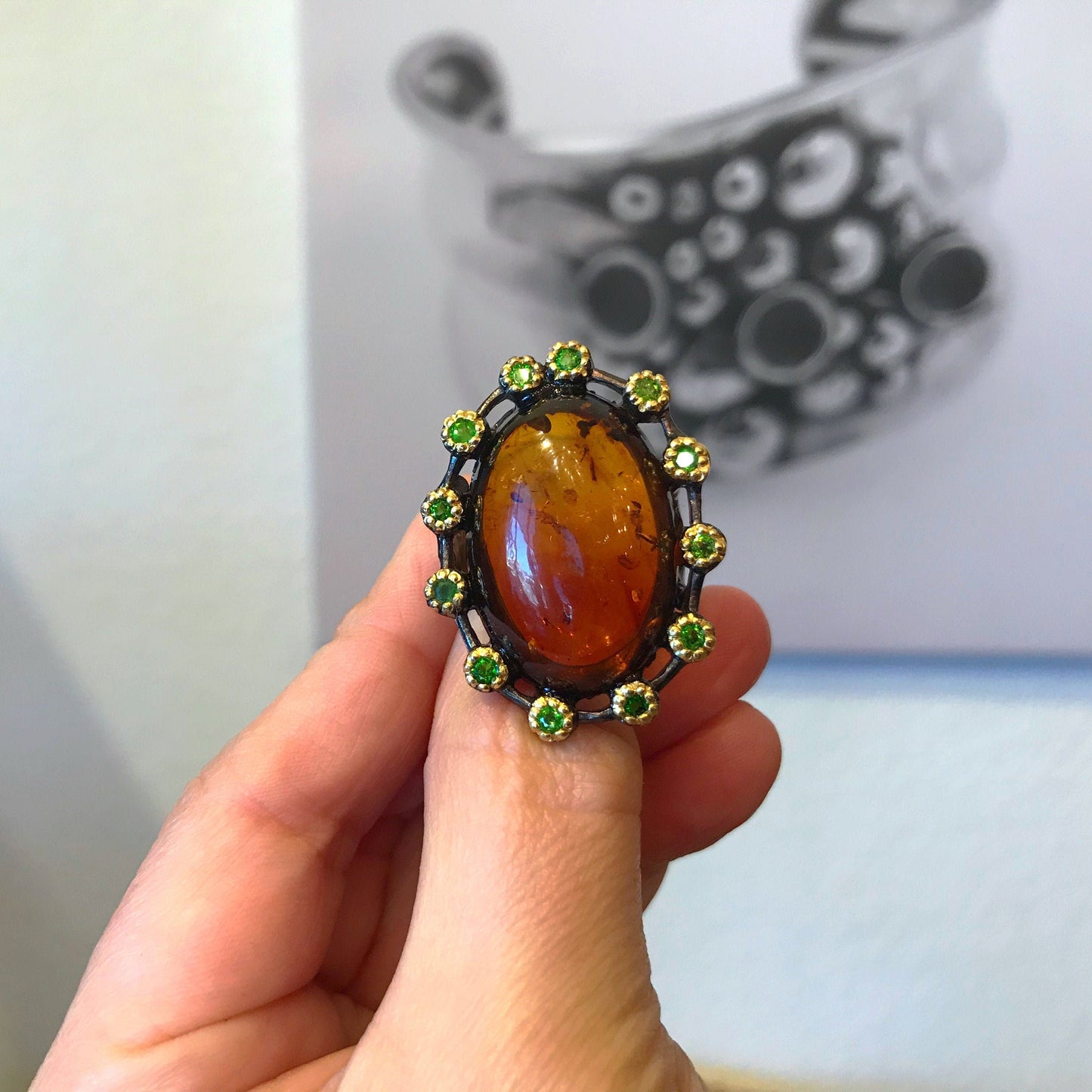 Handmade sterling silver Abstract Huge Natural Amber Rhodolite statement Ring 8.5 Colors Of Etnika
