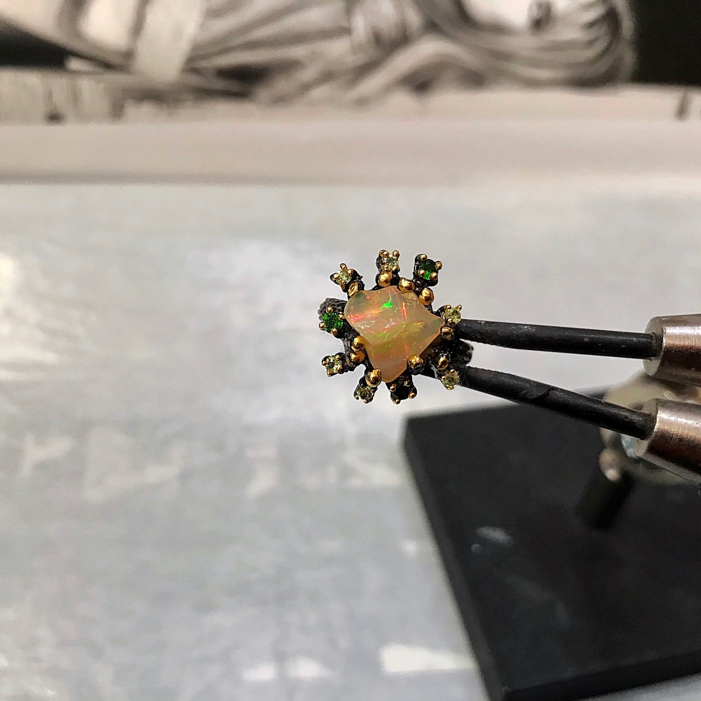 Rough Rainbow Opal Sterling Silver Ring: Peridot & Chrome Diopside, Size 7