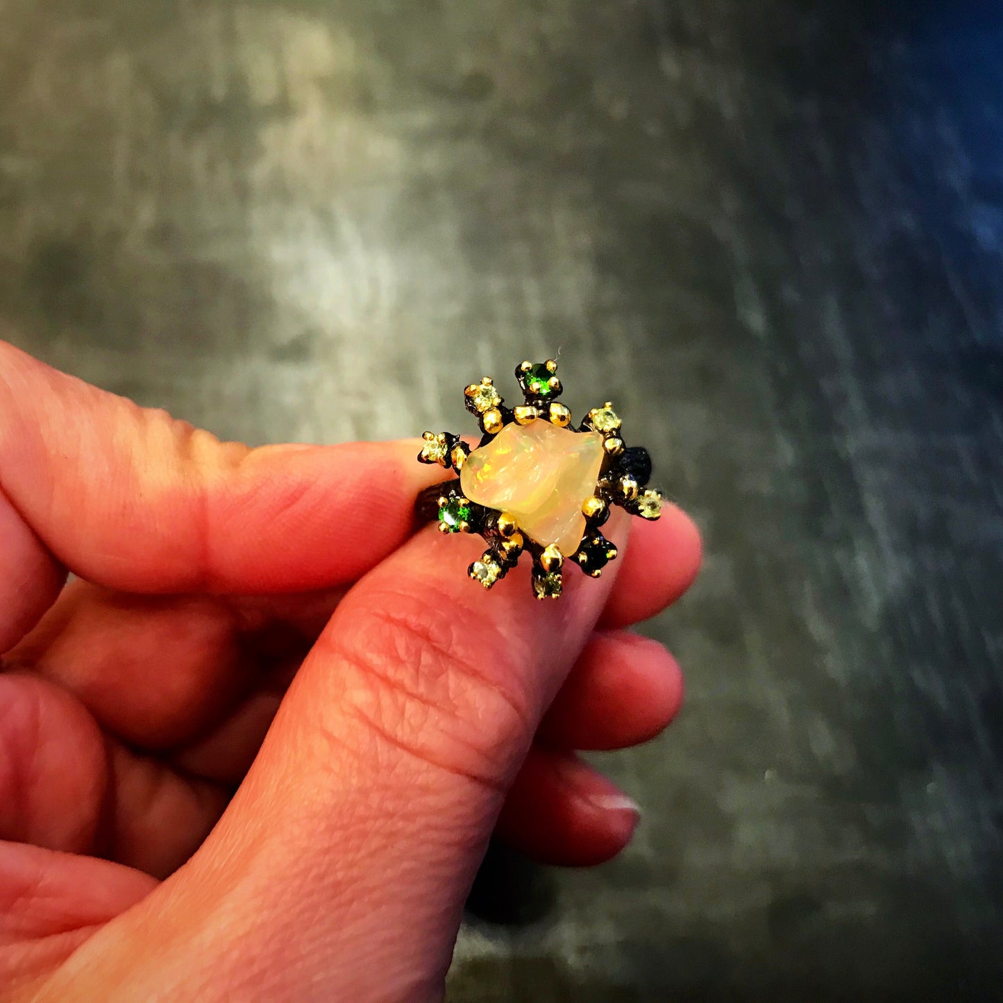 Rough Rainbow Opal Sterling Silver Ring: Peridot & Chrome Diopside, Size 7