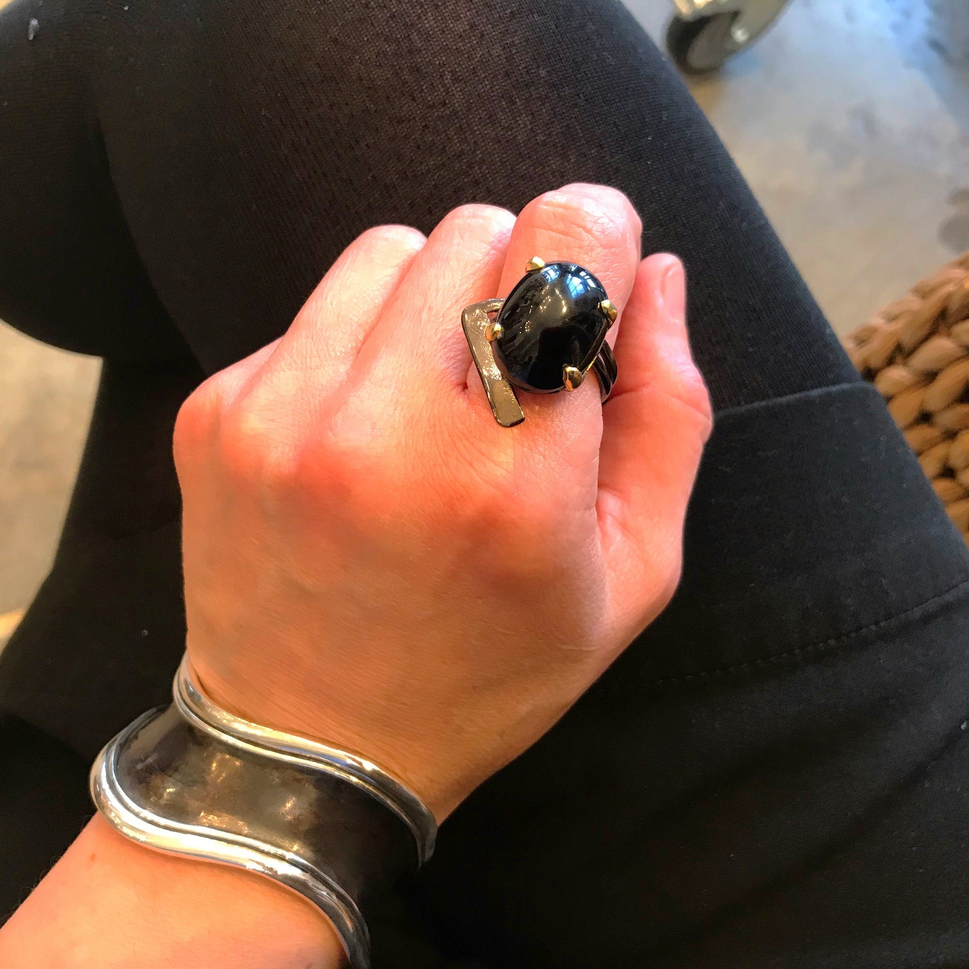 Sterling Silver Huge Modernist Abstract Black Spinel  artisan ring handmade 8 Colors Of Etnika