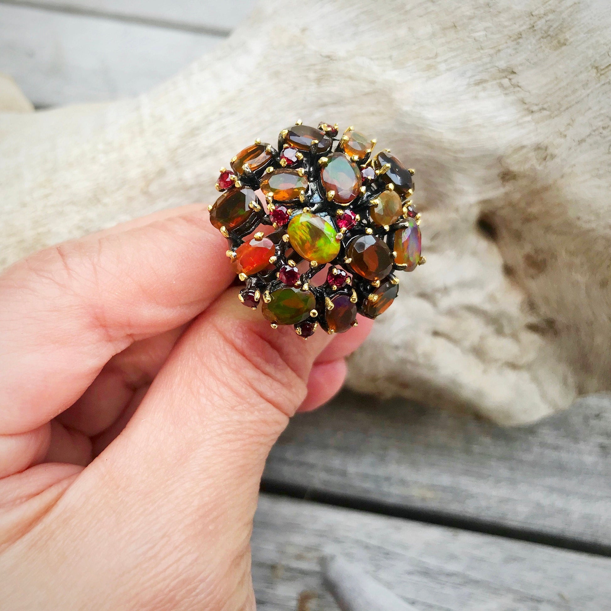 Sterling Silver Orange Rainbow Natural Opal statement Artisan Handmade Ring 7.5 Colors Of Etnika