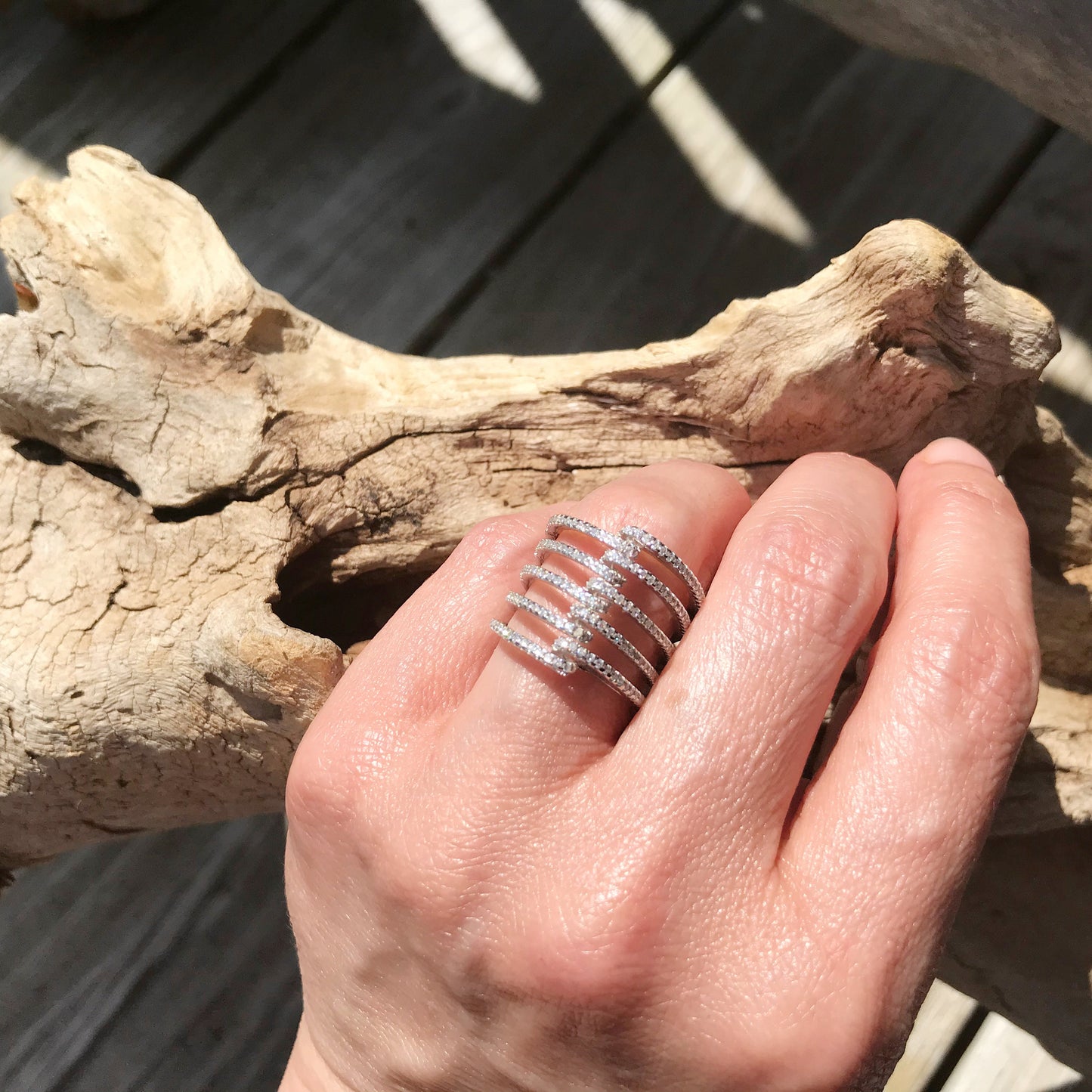 Handmade Sterling Silver Modernist Ring with Cubic Zirconia (Size 6.5)