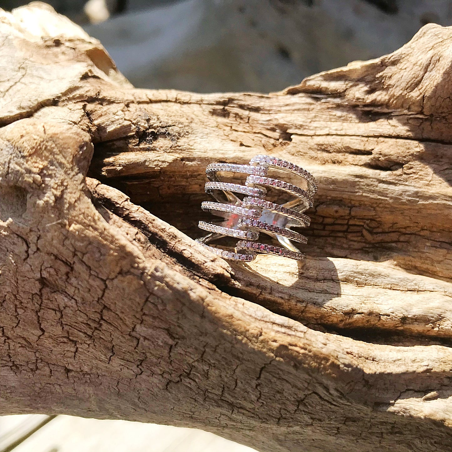 Handmade Sterling Silver Modernist Ring with Cubic Zirconia (Size 6.5)