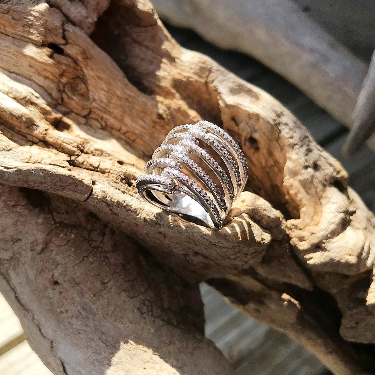 Handmade Sterling Silver Modernist Ring with Cubic Zirconia (Size 6.5)