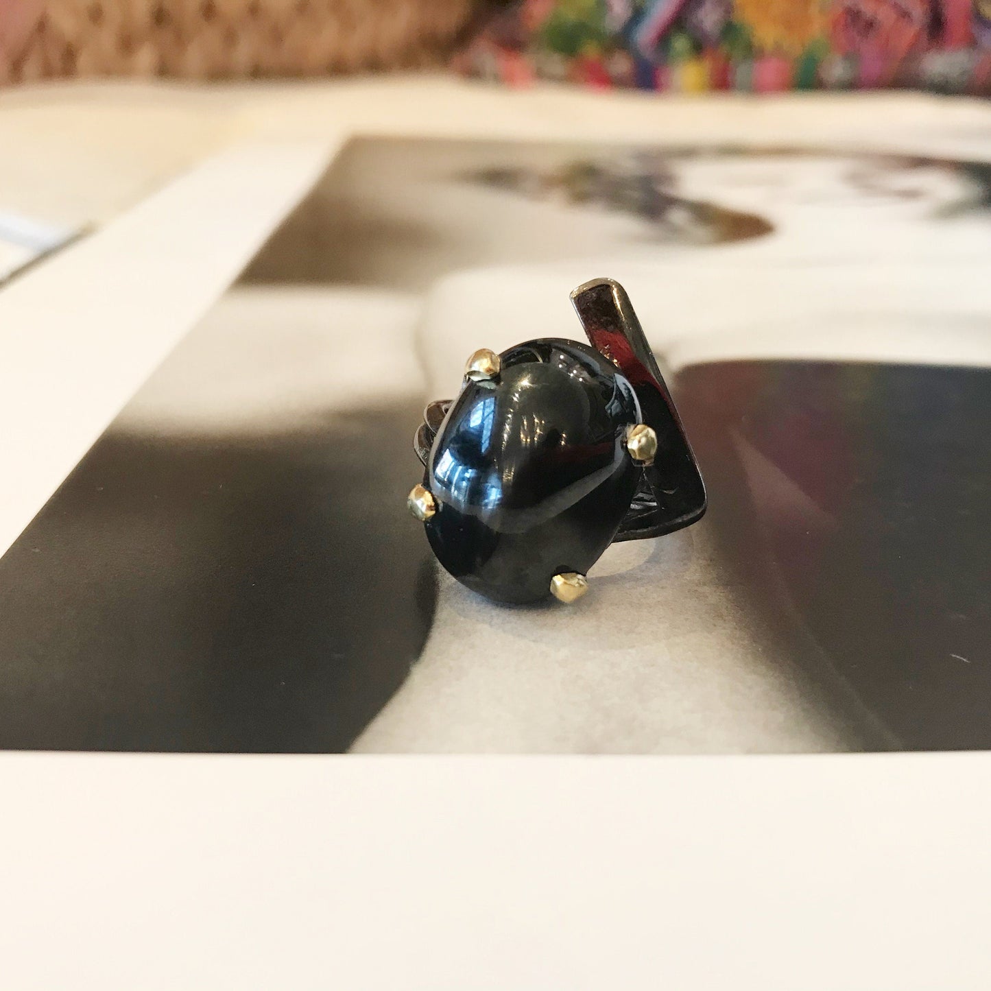 Sterling Silver Huge Modernist Abstract Black Spinel  artisan ring handmade 8 Colors Of Etnika