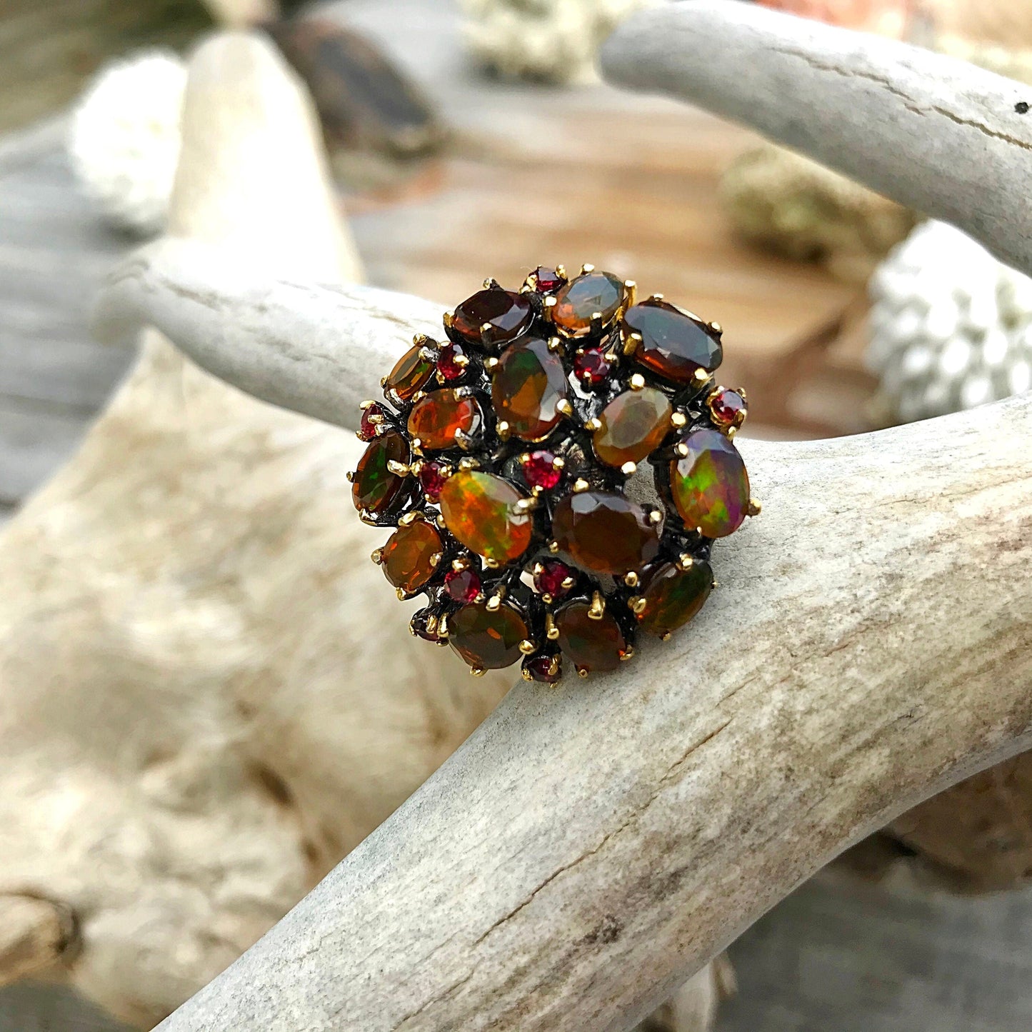Sterling Silver Orange Rainbow Natural Opal statement Artisan Handmade Ring 7.5 Colors Of Etnika