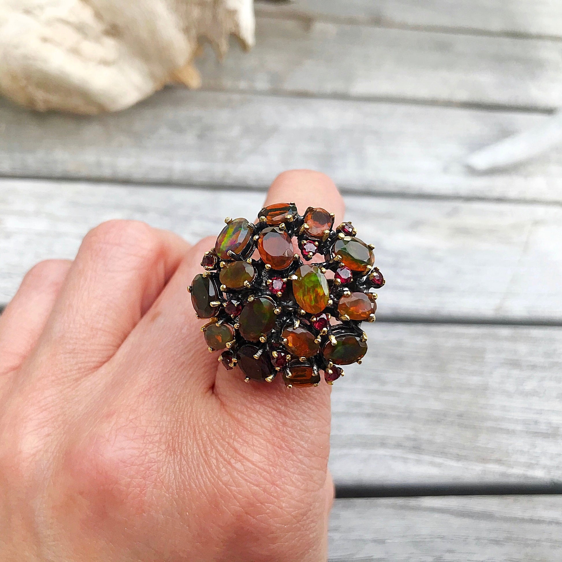 Sterling Silver Orange Rainbow Natural Opal statement Artisan Handmade Ring 7.5 Colors Of Etnika