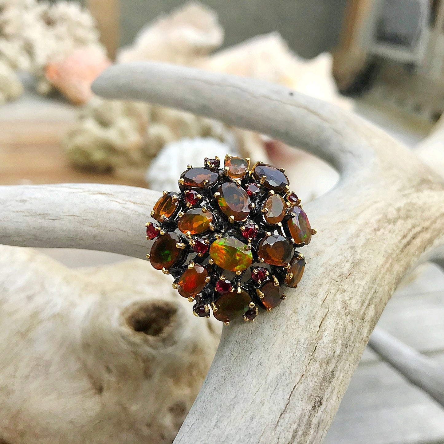 Sterling Silver Orange Rainbow Natural Opal statement Artisan Handmade Ring 7.5 Colors Of Etnika