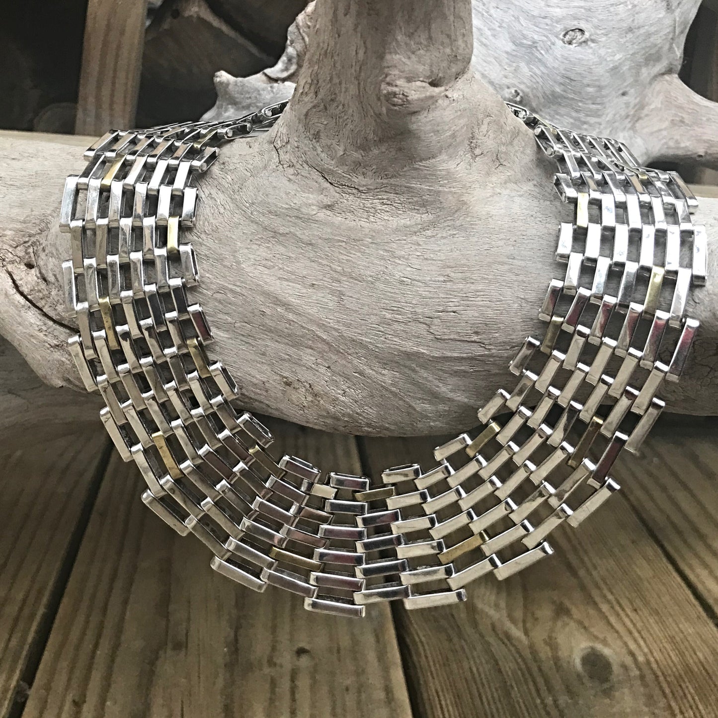 Sterling silver and brass statement runway modernist choker necklace vintage