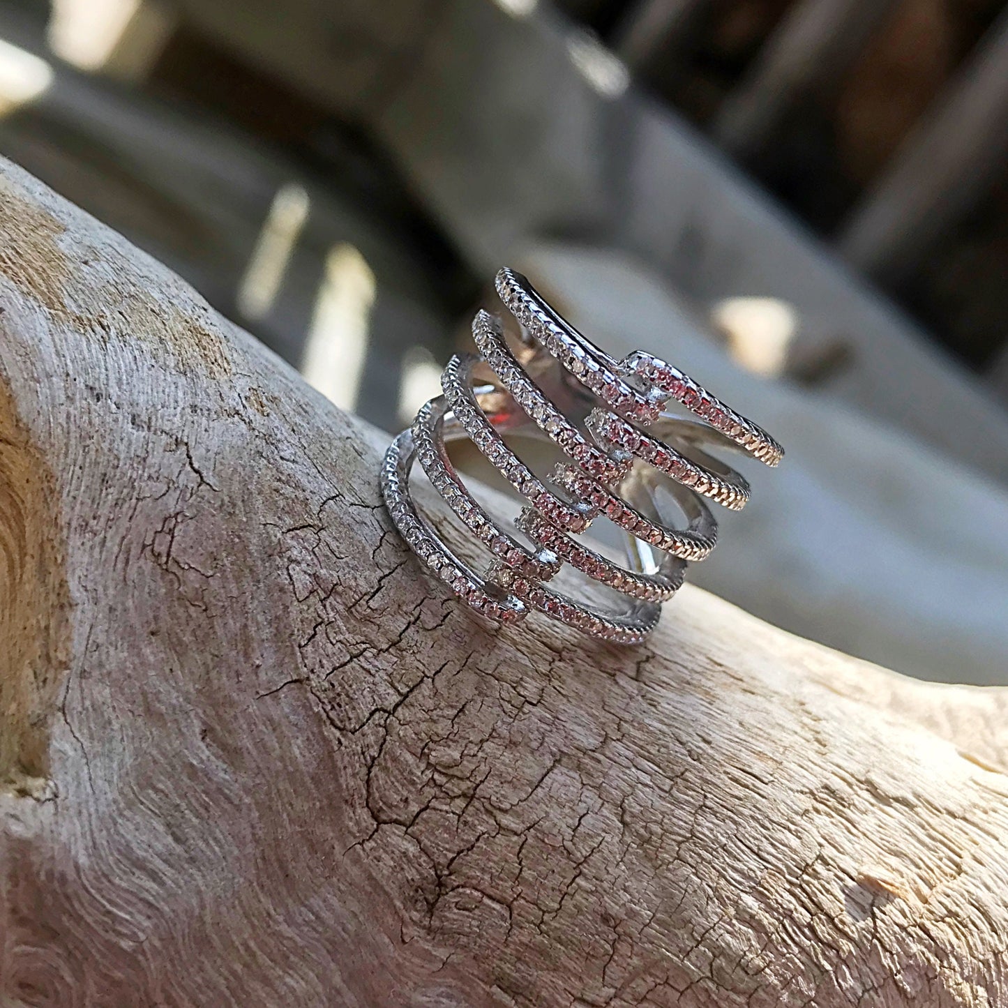 Handmade Sterling Silver Modernist Ring with Cubic Zirconia (Size 6.5)