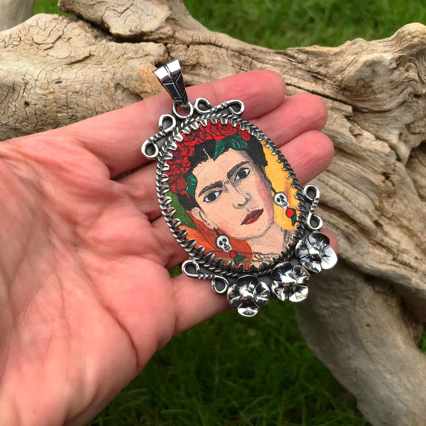 Sterling Silver statement Frida canvas portrait for necklace Colors Of Etnika