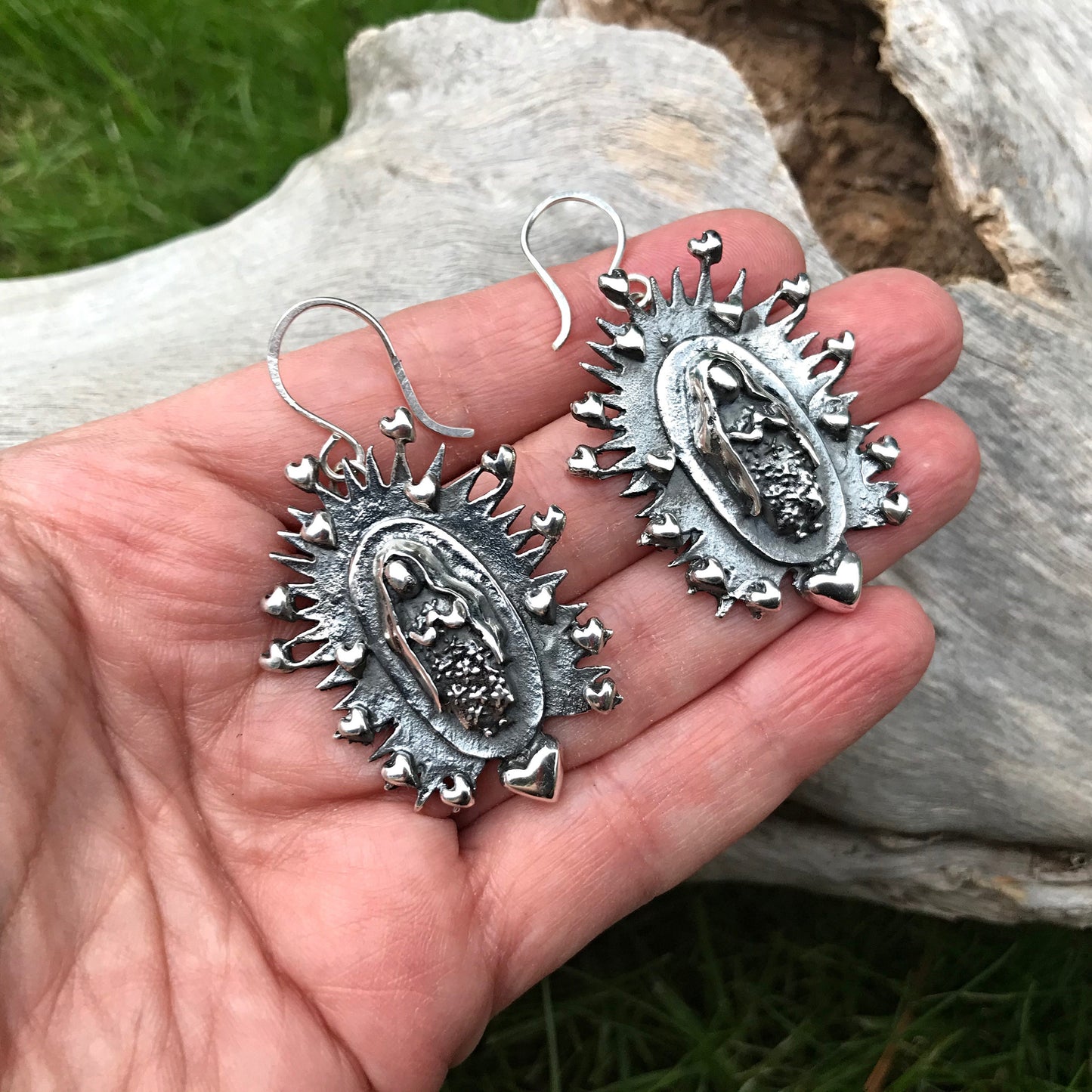 Handmade Sterling Silver Madonna virgen Mary Guadalupe dangle  earrings