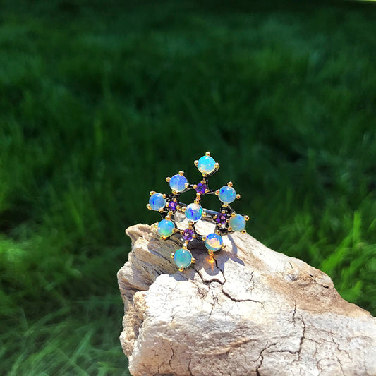 Handmade Sterling Silver rainbow Natural Opal Amethyst ring 7