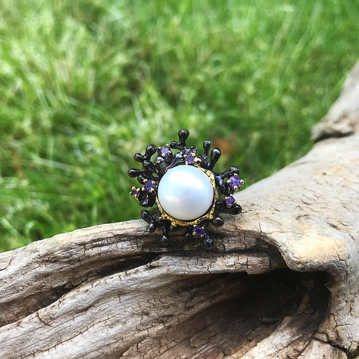 925 sterling silver brutalist abstract White natural pearl amethyst  ring 7.5 Colors Of Etnika