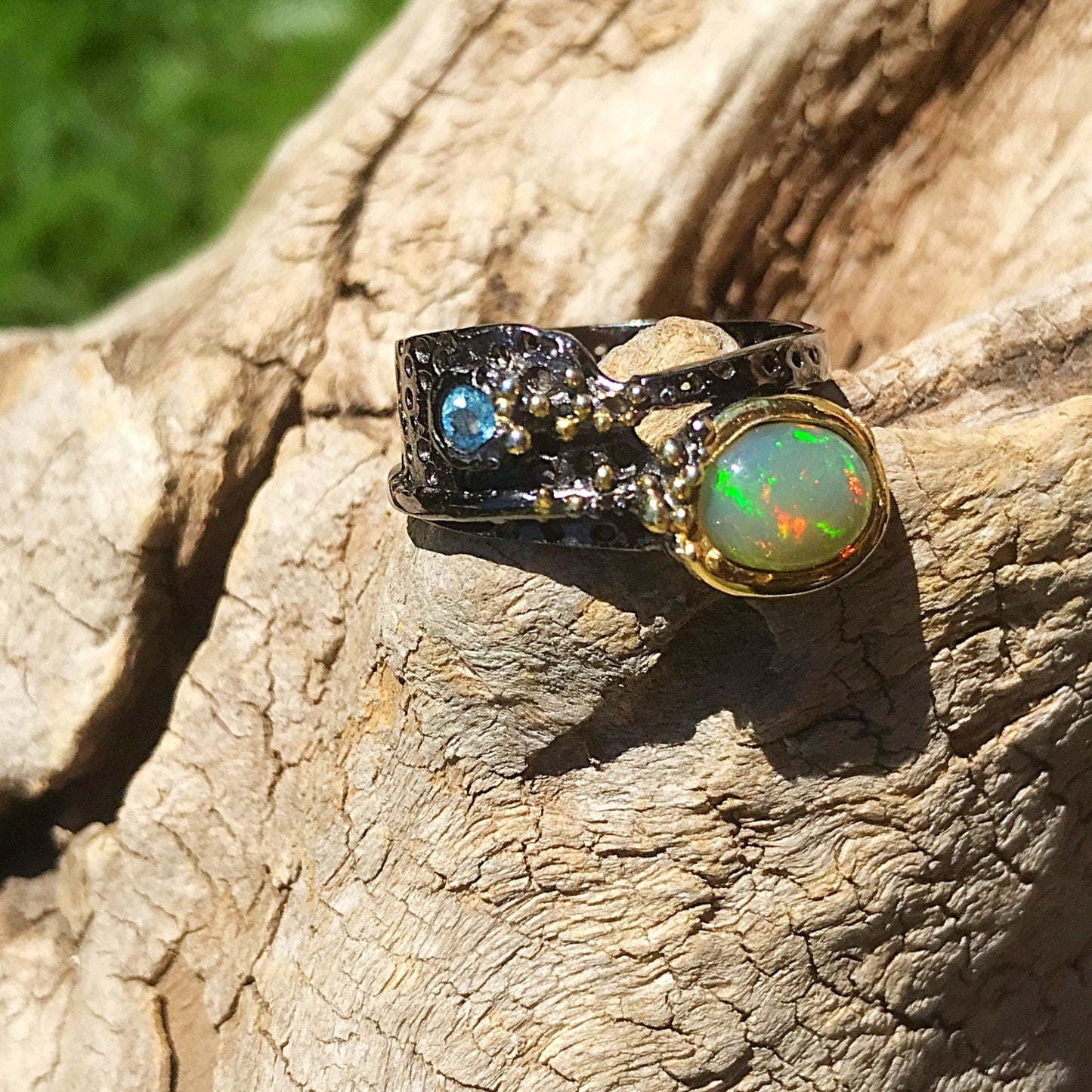 Sterling Silver Fire rainbow opal  Modernist band Ring 6.5 Colors Of Etnika