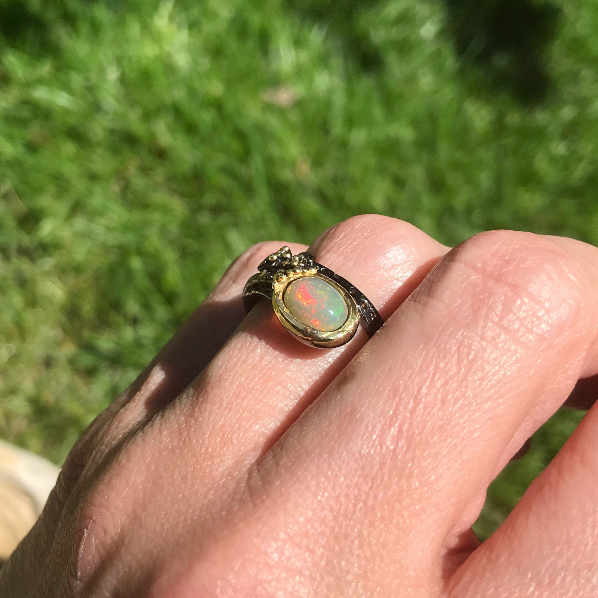 Sterling Silver Fire rainbow opal  Modernist band Ring 6.5 Colors Of Etnika