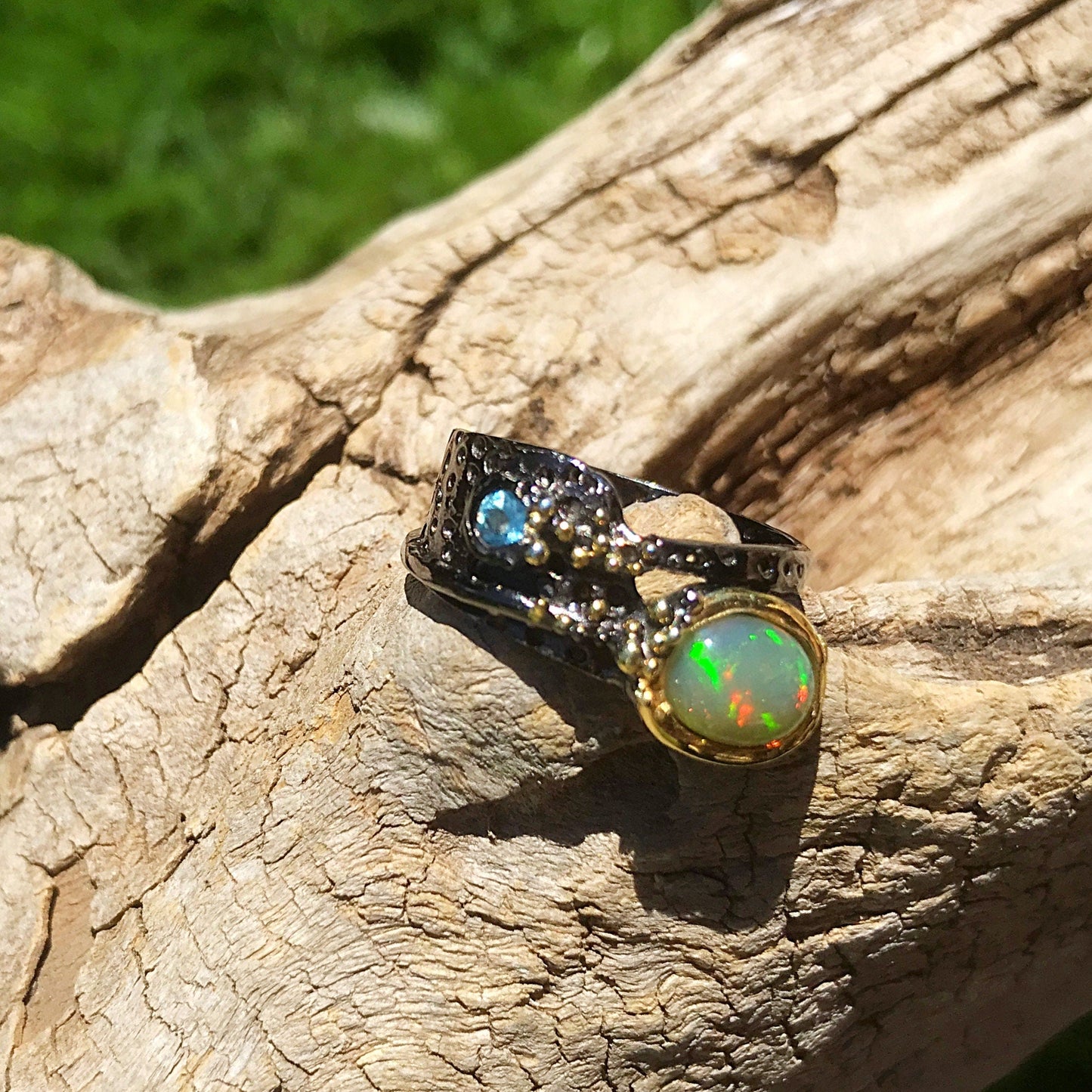 Sterling Silver Fire rainbow opal  Modernist band Ring 6.5 Colors Of Etnika