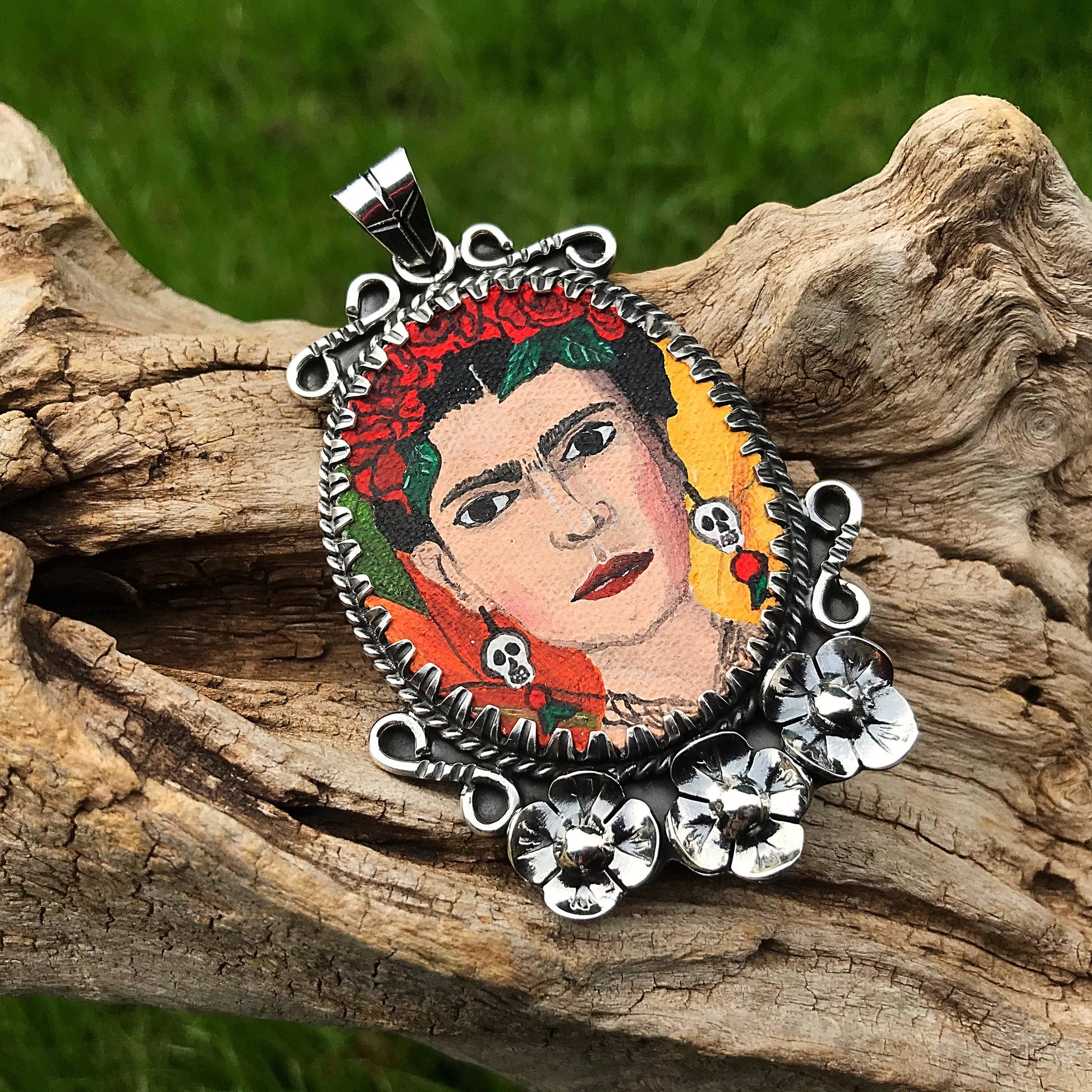 Sterling Silver statement Frida canvas portrait for necklace Colors Of Etnika
