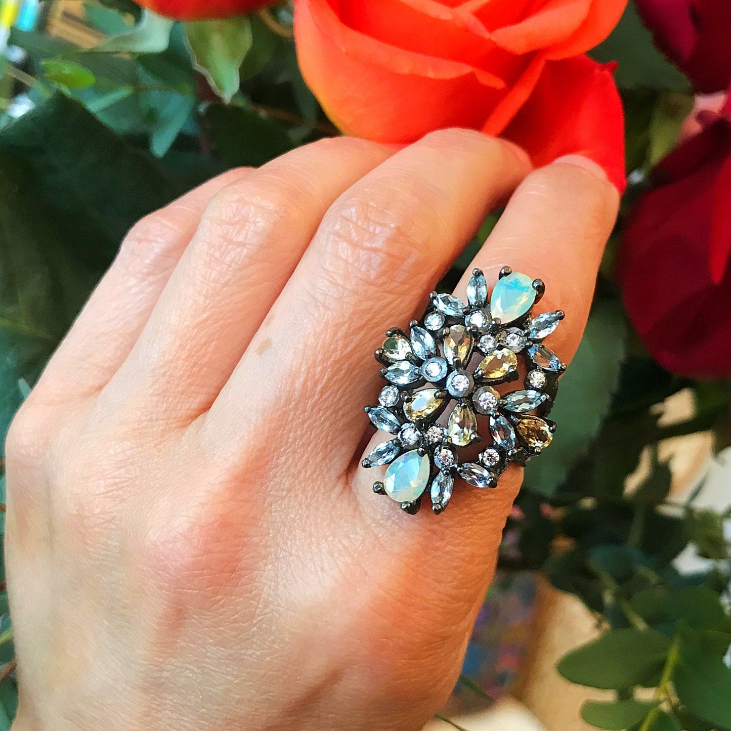 Sterling silver natural fire opal topaz citrine statement Ring 6.5 Colors Of Etnika