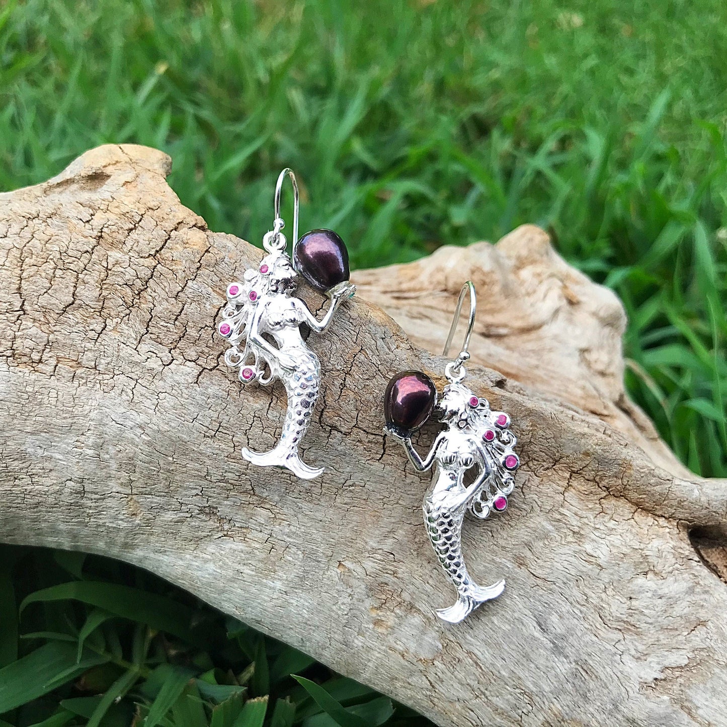 Sterling Silver natural black pearl ruby mermaid dangle  earrings Colors Of Etnika