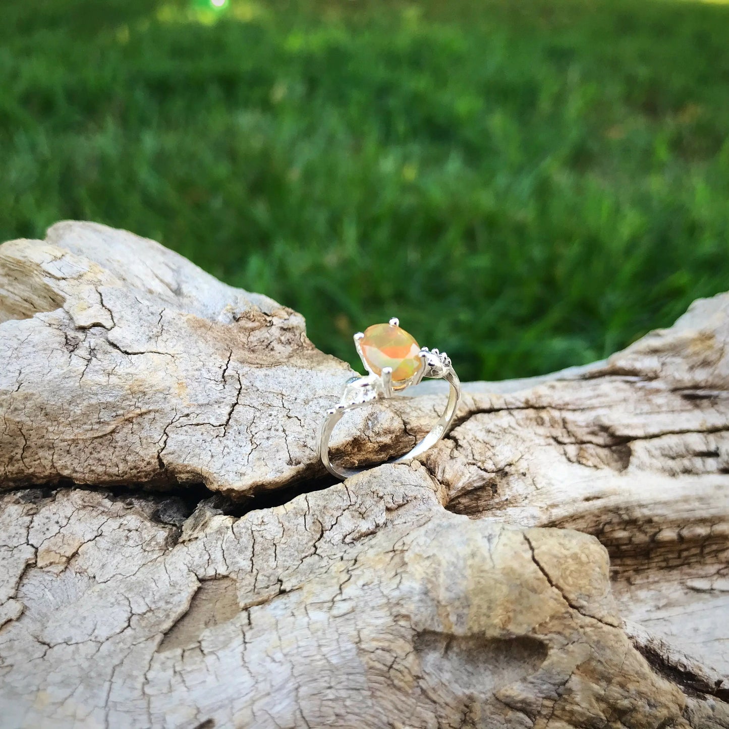Sterling Silver modernist Handmade Fire rainbow Opal Artisan dainty ring 7 Colors Of Etnika