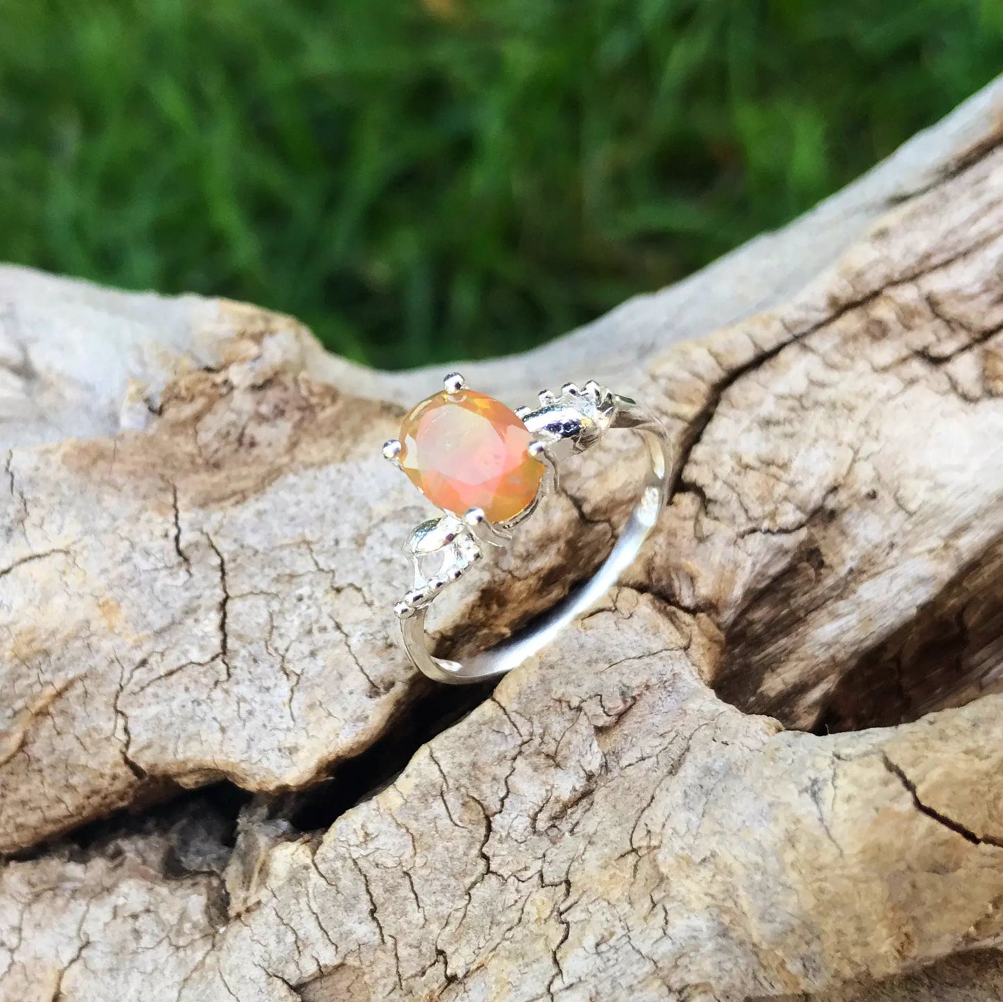 Sterling Silver modernist Handmade Fire rainbow Opal Artisan dainty ring 7 Colors Of Etnika