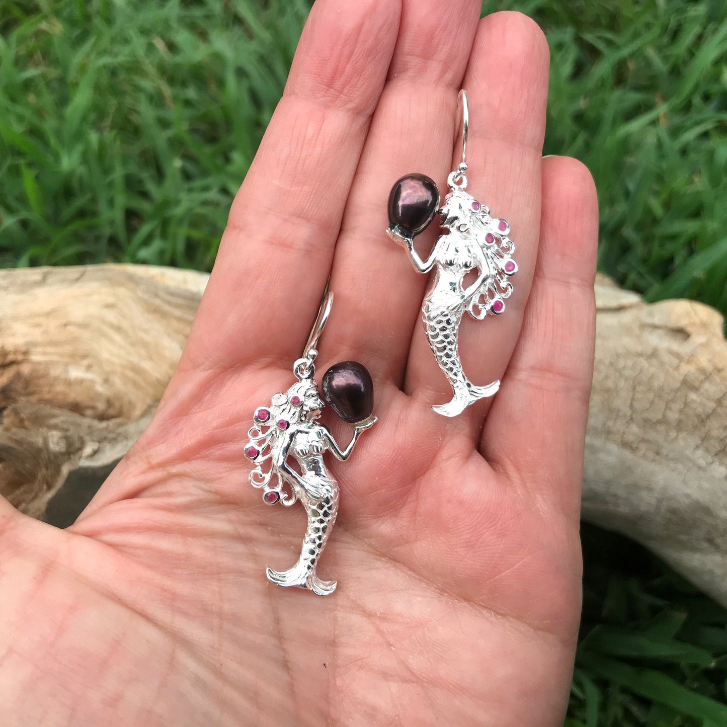 Sterling Silver natural black pearl ruby mermaid dangle  earrings Colors Of Etnika