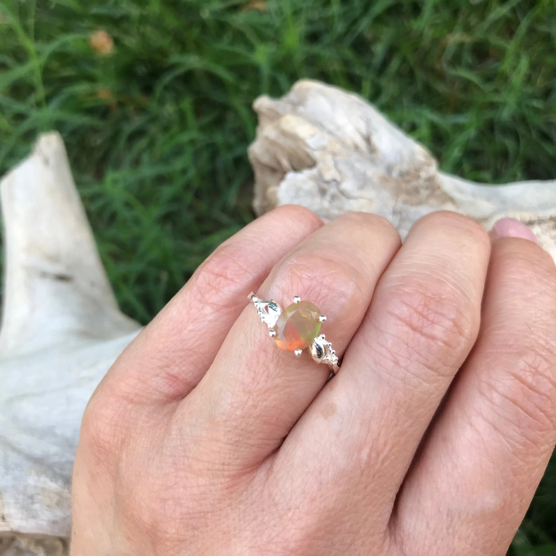 Sterling Silver modernist Handmade Fire rainbow Opal Artisan dainty ring 7 Colors Of Etnika