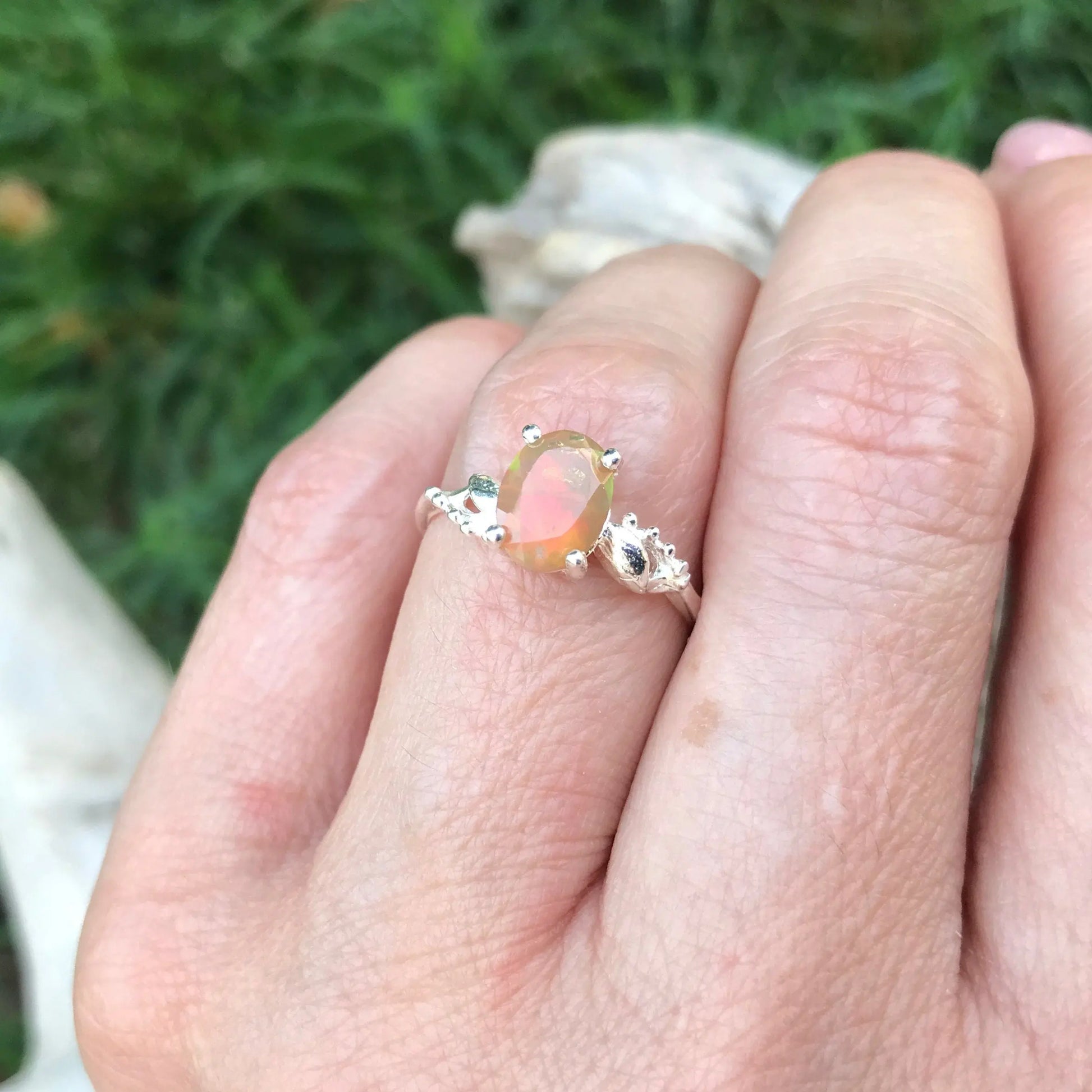 Sterling Silver modernist Handmade Fire rainbow Opal Artisan dainty ring 7 Colors Of Etnika