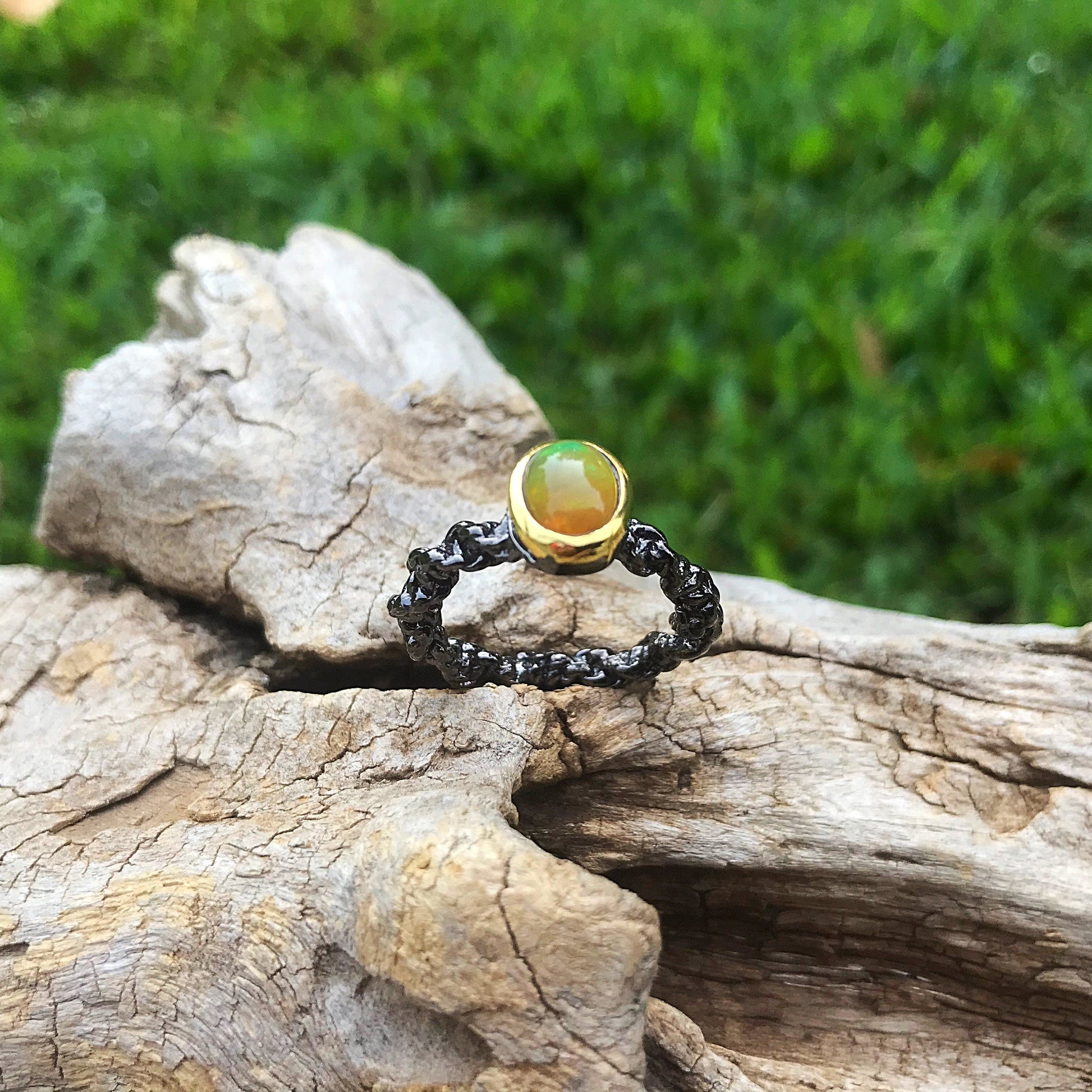Sterling Silver modernist Handmade Fire Opal Artisan organic  ring 7 Colors Of Etnika