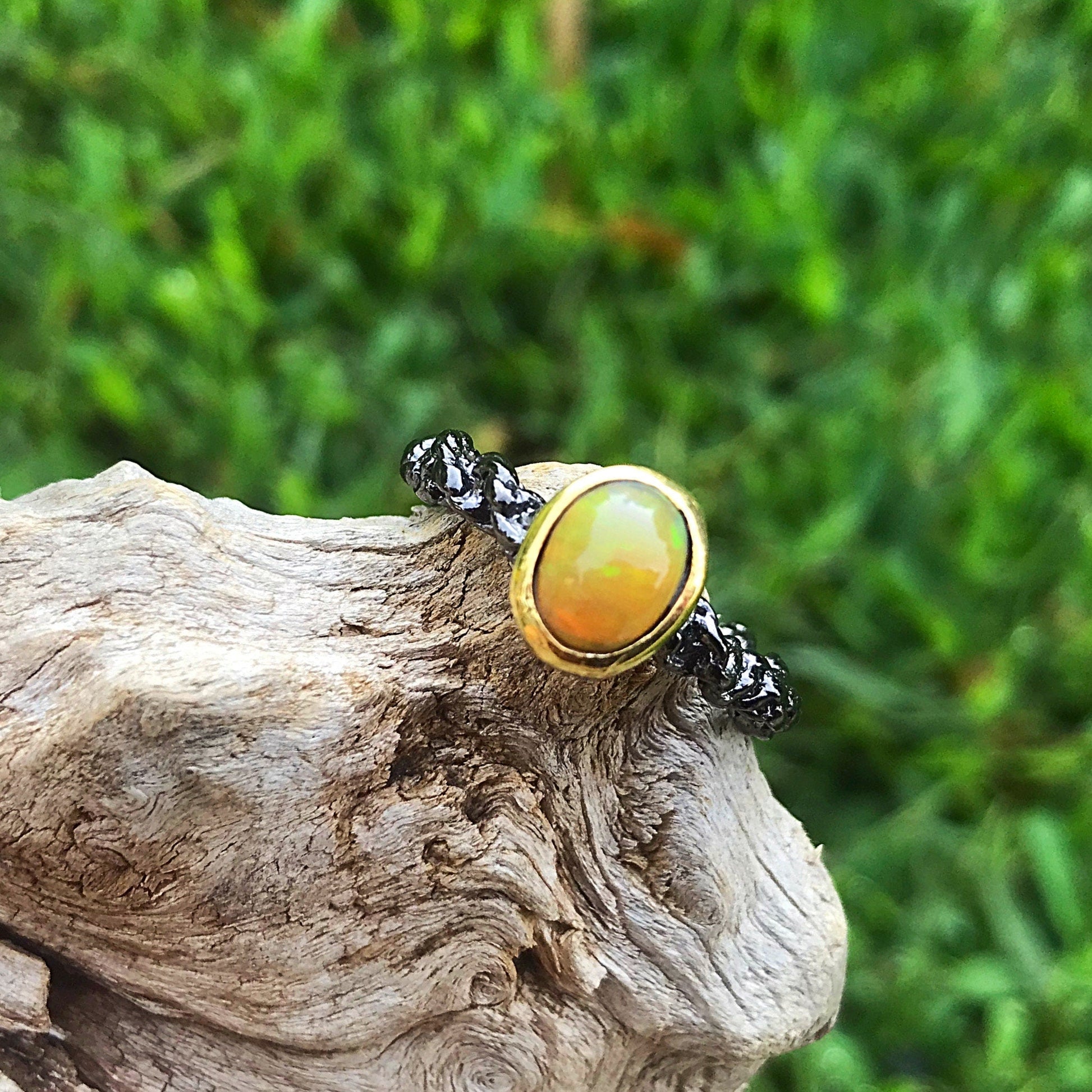 Sterling Silver modernist Handmade Fire Opal Artisan organic  ring 7 Colors Of Etnika