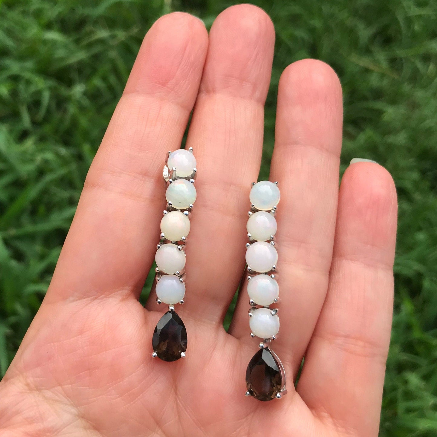 sterling silver Rainbow Natural opals Smokey quartz  long dangle earrings Colors Of Etnika