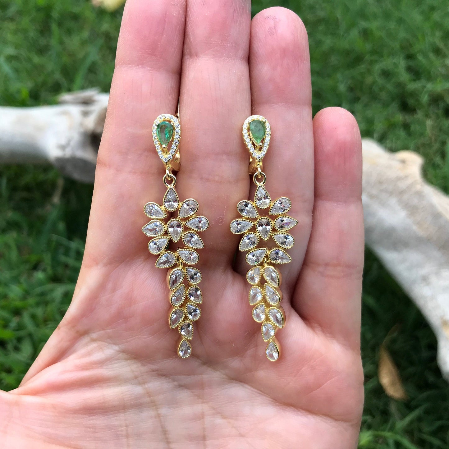Sterling Silver Statement emeralds and CZ statement  earrings Colors Of Etnika