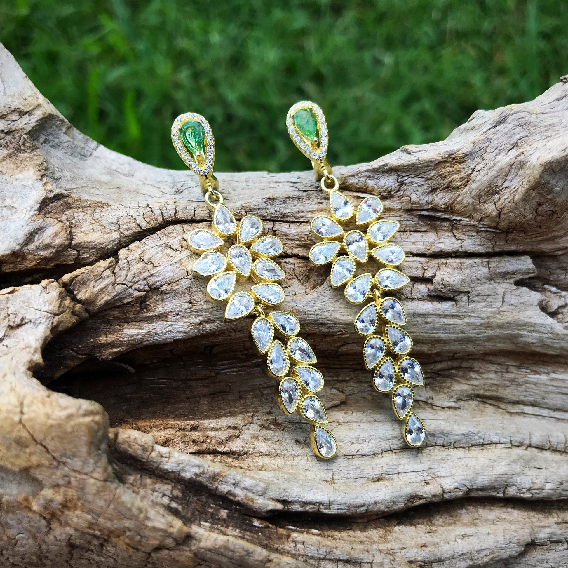 Sterling Silver Statement emeralds and CZ statement  earrings Colors Of Etnika