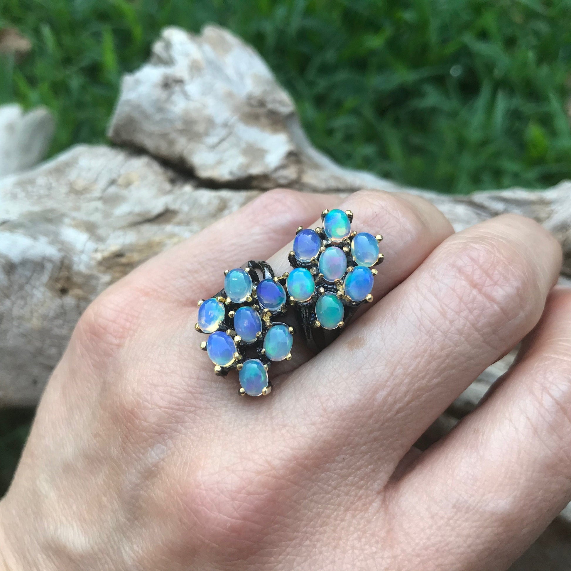 Handmade Sterling silver 14 natural fire opal statement Ring size 8.5 Colors Of Etnika