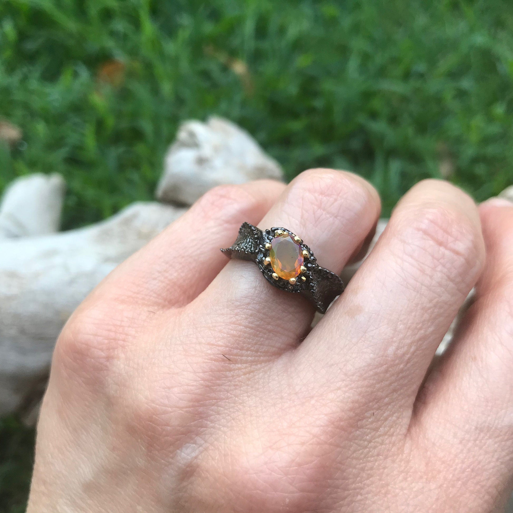 Sterling Silver modernist Handmade Fire Opal Artisan organic  ring 6 Colors Of Etnika