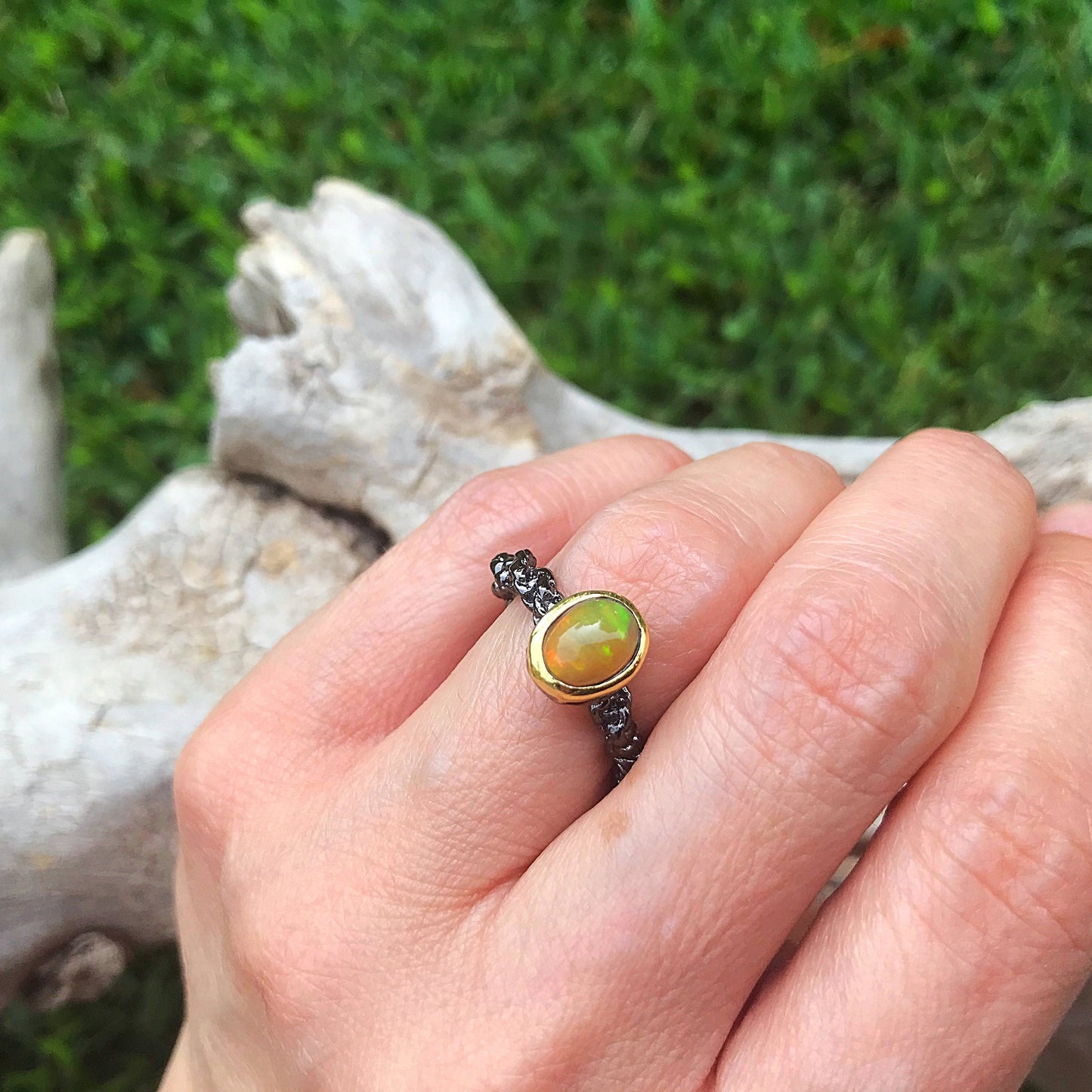 Sterling Silver modernist Handmade Fire Opal Artisan organic  ring 7 Colors Of Etnika