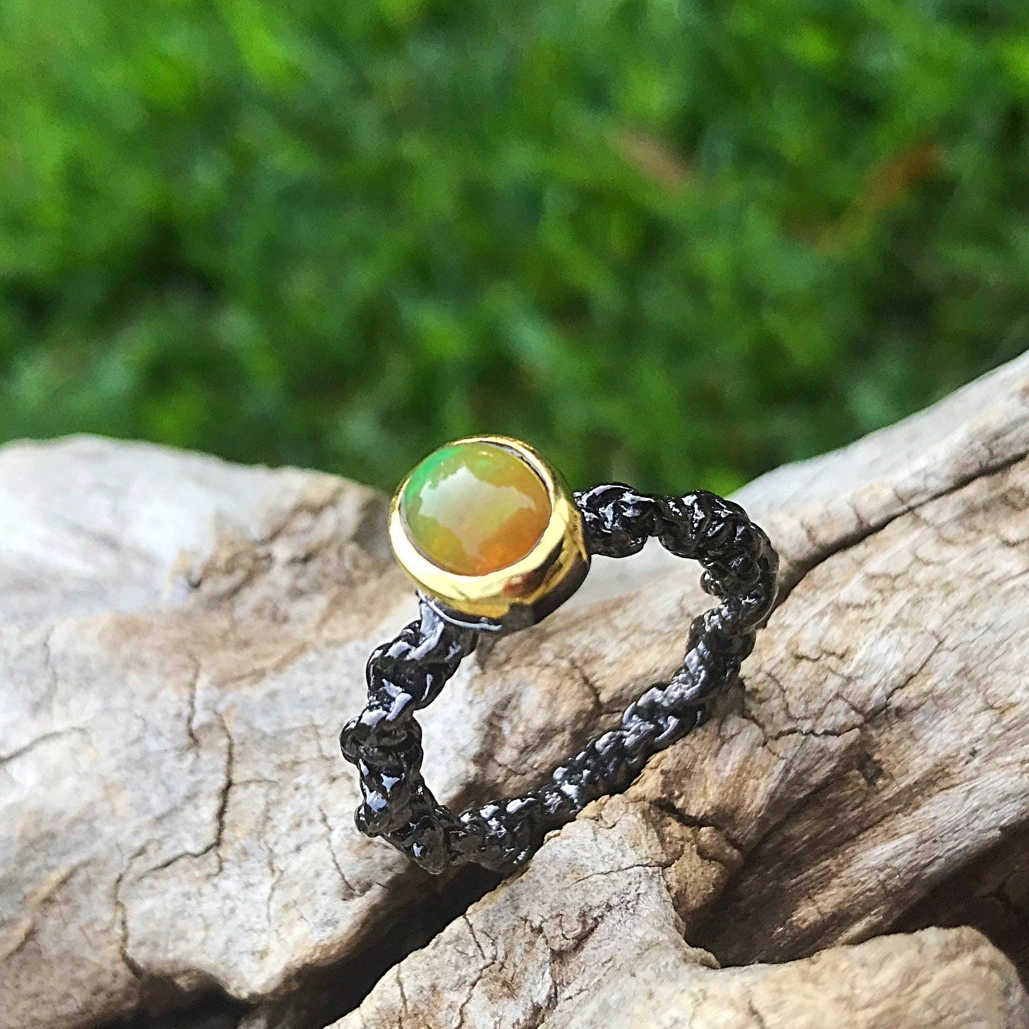 Sterling Silver modernist Handmade Fire Opal Artisan organic  ring 7 Colors Of Etnika