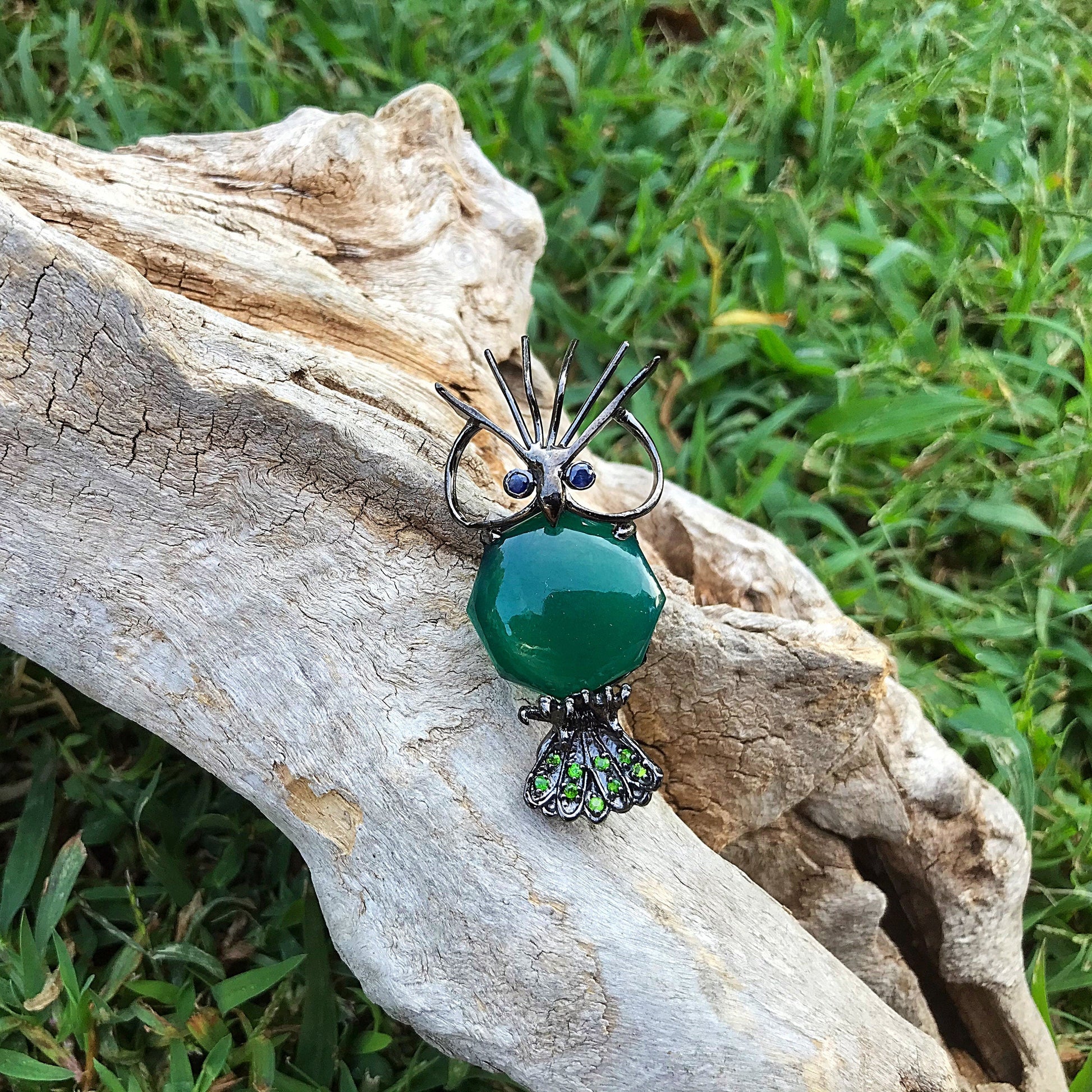 Artisan sterling silver green onyx blue sapphire  Pin  brooch Colors Of Etnika