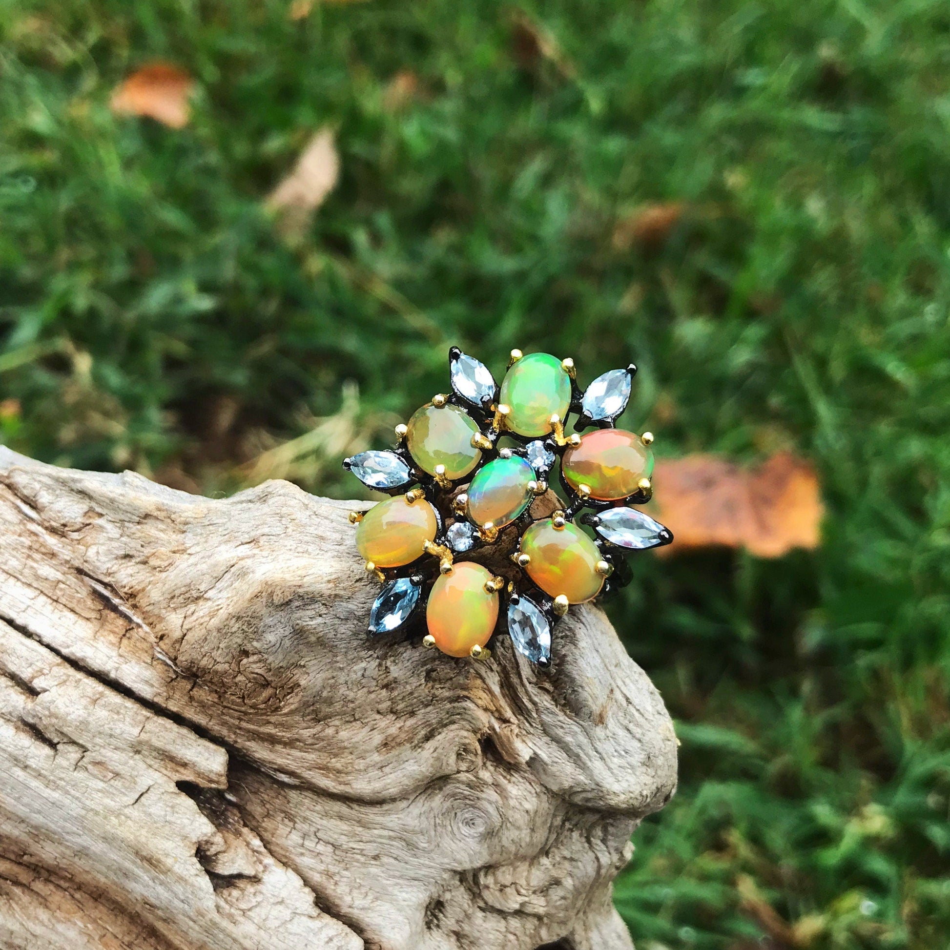 Natural Rainbow opal organic topaz  Sterling Silver statement Ring 7 Colors Of Etnika