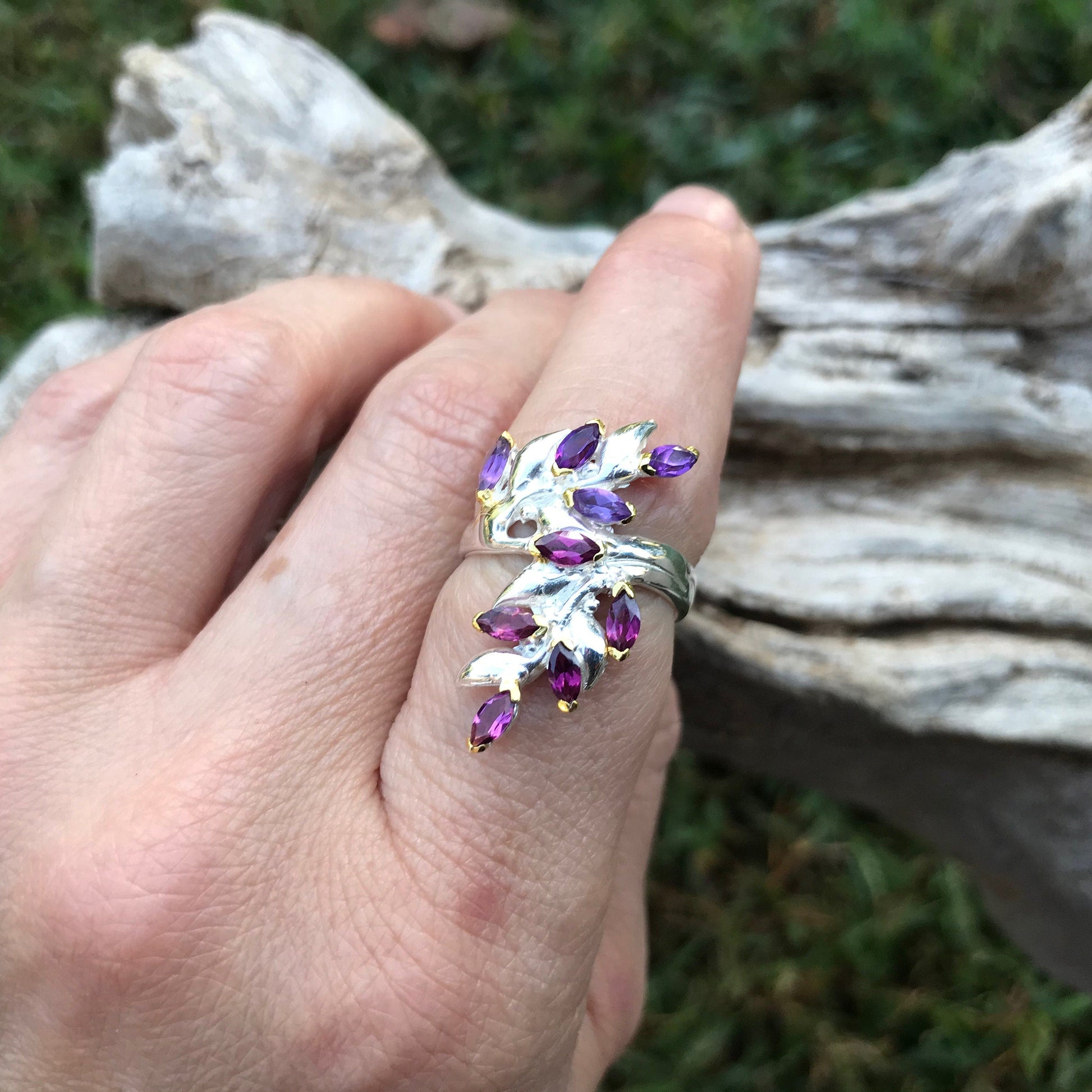 sterling silver fern Rhodolite Amethyst ring 7 Colors Of Etnika