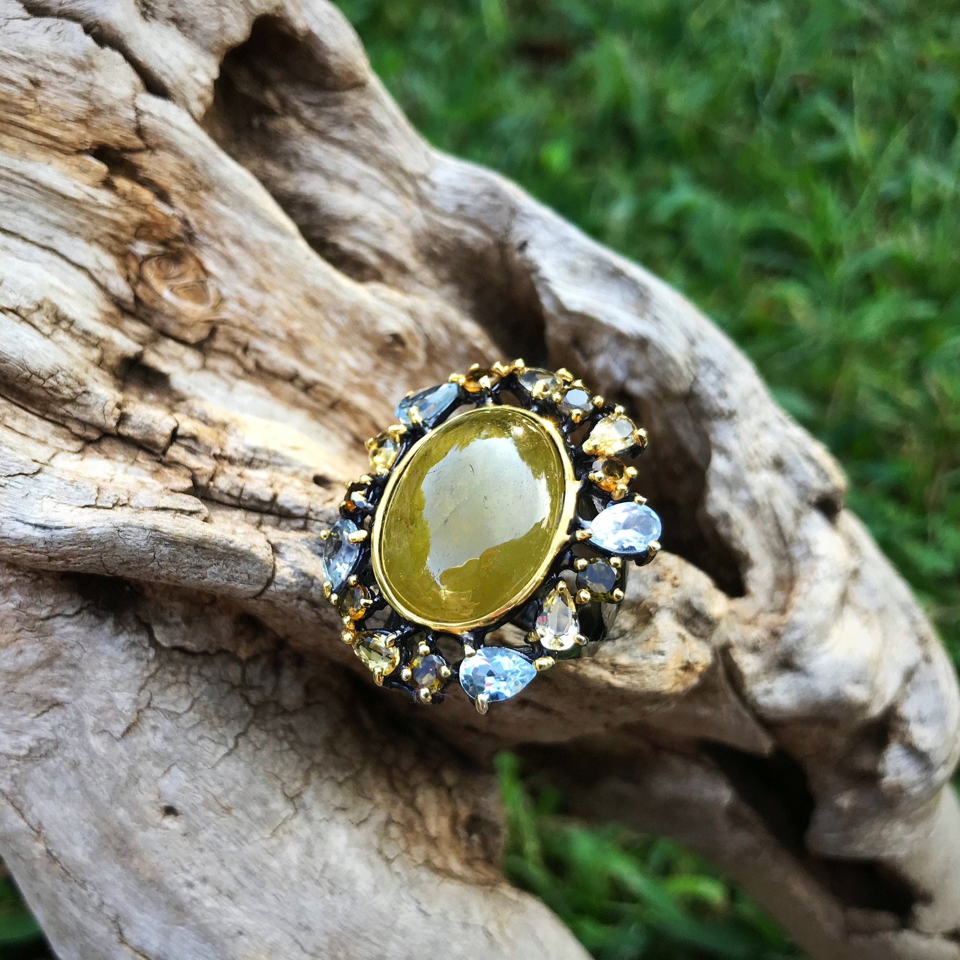 sterling Silver natural sphene citrine tourmaline topaz statement Ring 6 Colors Of Etnika