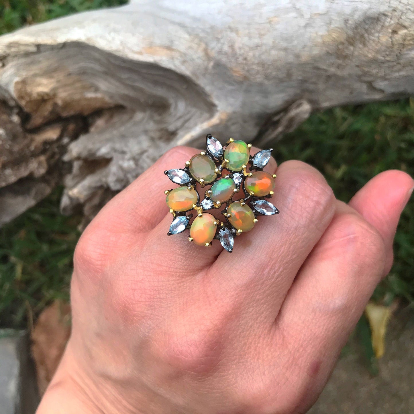 Natural Rainbow opal organic topaz  Sterling Silver statement Ring 7 Colors Of Etnika